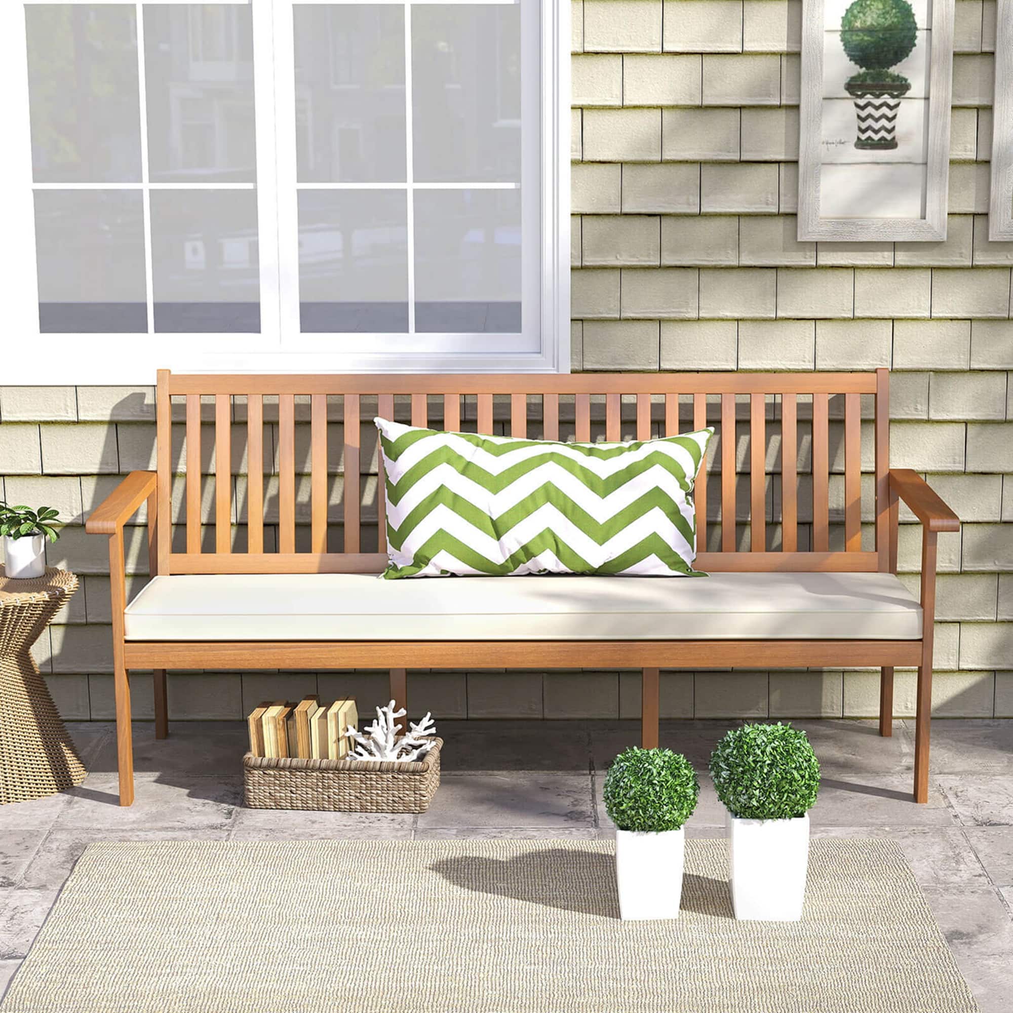 Costway - Outdoor 3-Seat Wood Bench 64 Inches Extra Long Acacia Chair with Seat Cushion - White