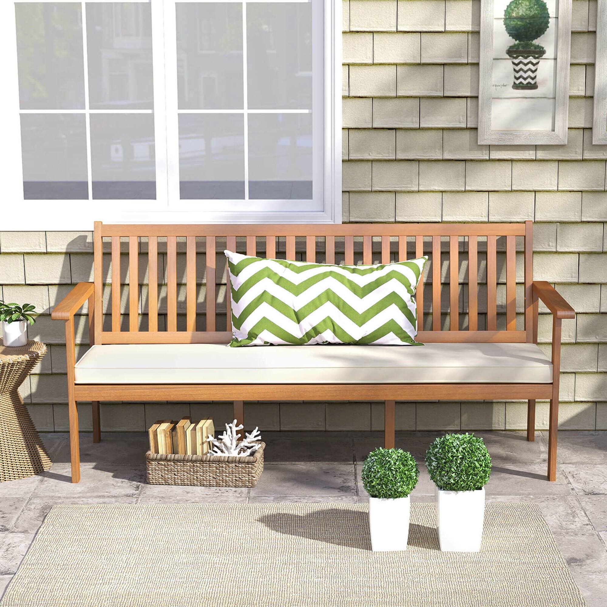 Alt View 1. Costway - Costway Outdoor 3-Seat Wood Bench 64 Inches Extra Long Acacia Chair with Seat Cushion - White.