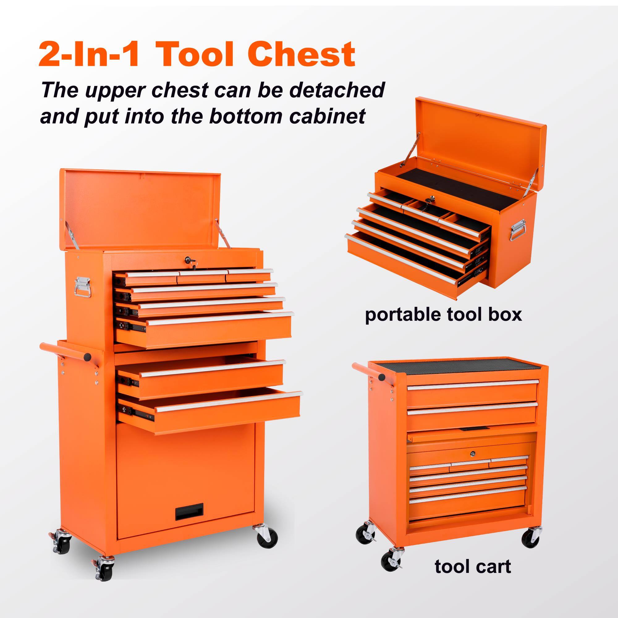 2-In-1 Tool Chest

The upper chest can be detached and put into the bottom cabinet

portable tool box

tool cart