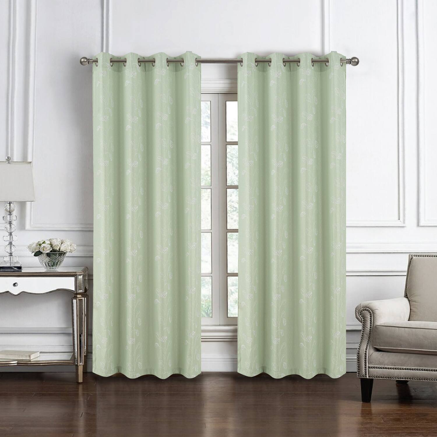 Angle. RT Designers Collection - RT Designers Collection 100% Polyester 140 GSM Reed Embroidered Grommet Curtain Panel 54" x 90" Sage - Sage.