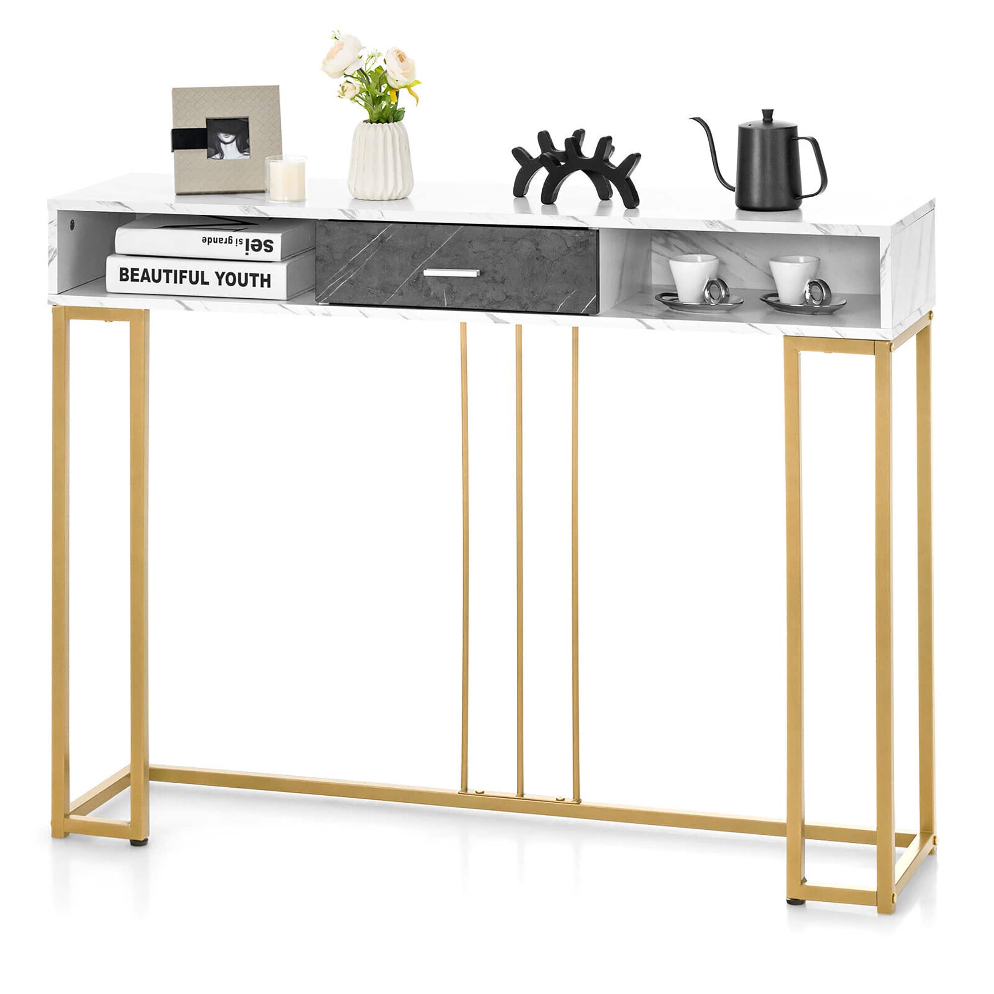 Gymax - Console Entryway Hallway Table Gold Narrow Long Sofa Table for Living Room - White & Gold & Black