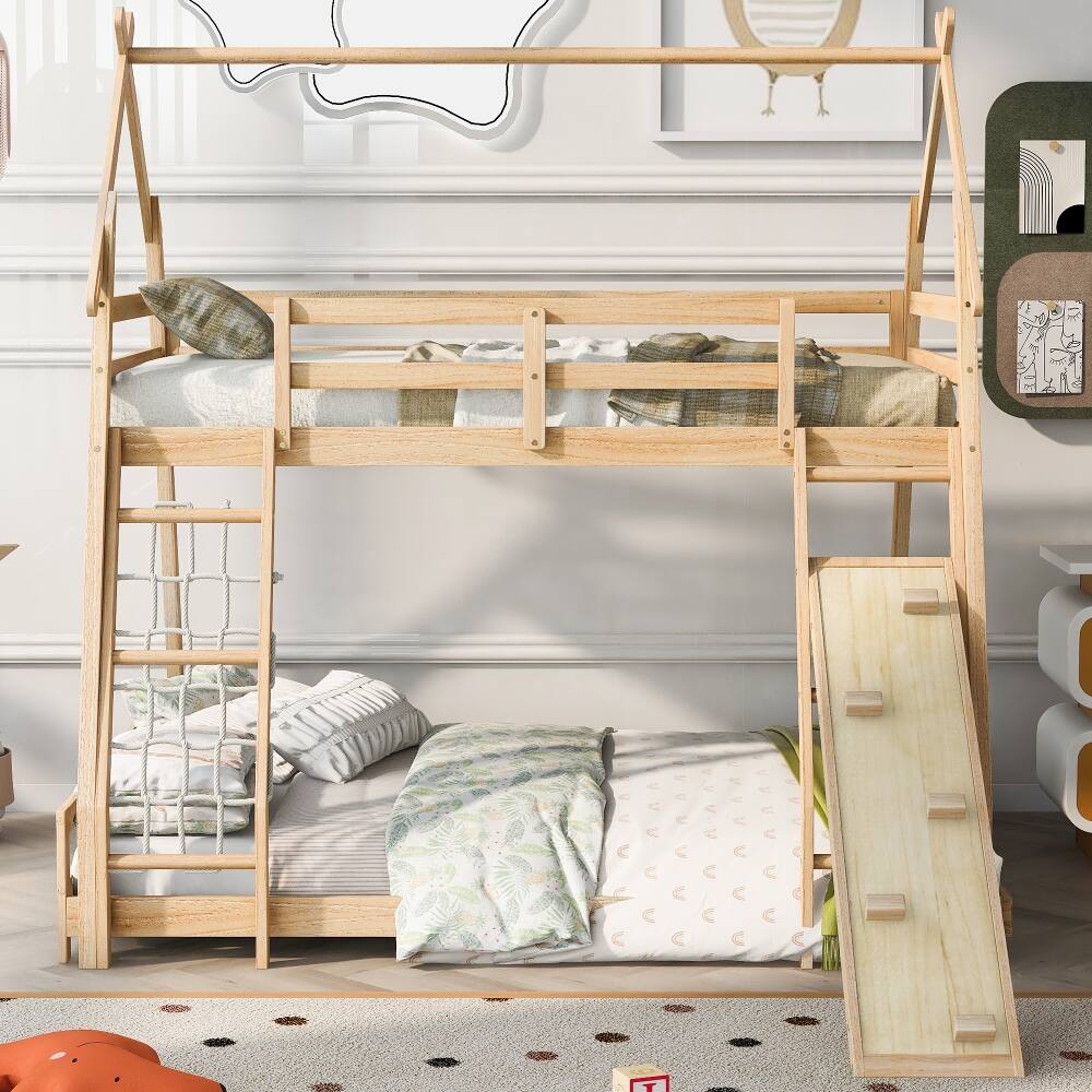 Angle. Loheer - Loheer Twin Over Queen House Bunk Bed with Climbing Net Ramp Natural - Natural.