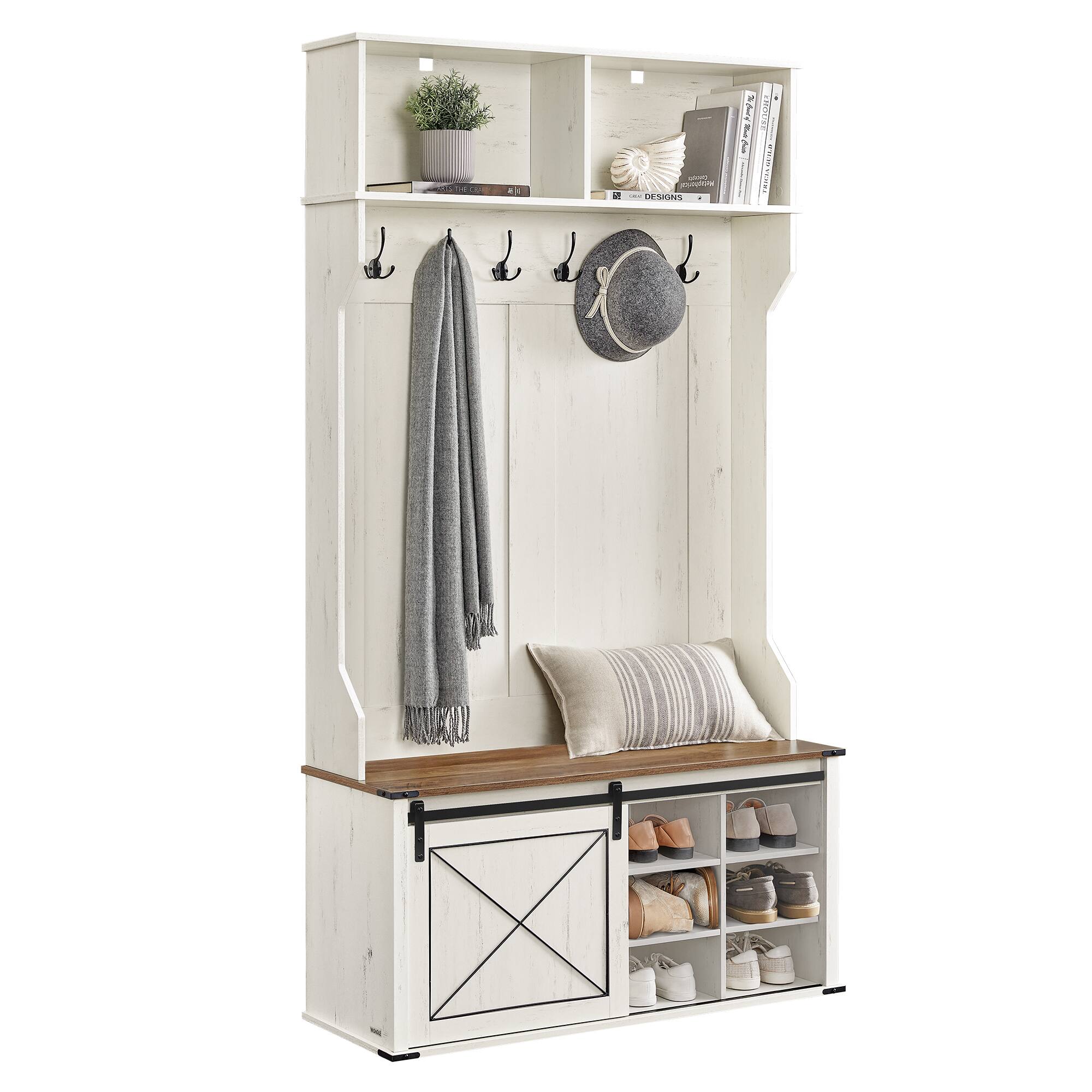 Songmics Home - Hall Tree with Bench and Shoe Storage, Coat Rack with Shoe Bench, Entryway Furniture, 6 Tri-Hooks, Sliding Door - Rustic White and Honey Brown