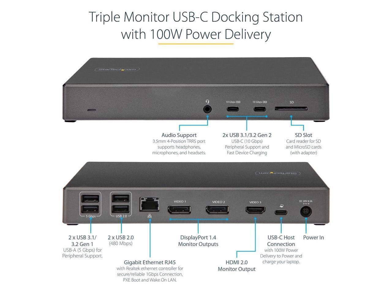 Triple Monitor USB-C Docking Station with 100W Power Delivery

- Audio Support: 3.5mm 4-Position TRRS port supports headphones, microphones, and headsets.
- 2x USB 3.1/3.2 Gen 2 USB-C (10 Gbps) Peripheral Support and Fast Device Charging
- SD Slot: Card reader for SD and MicroSD cards (with adapter)
- 2x USB 3.1/3.2 Gen 1 (5 Gbps) USB-A for Peripheral Support
- 2x USB 2.0 (480 Mbps)
- DisplayPort 1.4 Monitor Outputs
- HDMI 2.0 Monitor Output
- Gigabit Ethernet RJ45: with Realtek ethernet controller for secure/reliable 1Gbps Connection, PXE Boot and Wake On LAN.
- USB-C Host Connection: with 100W Power Delivery to Power and charge your laptop.
- Power In: DC 20V 5A