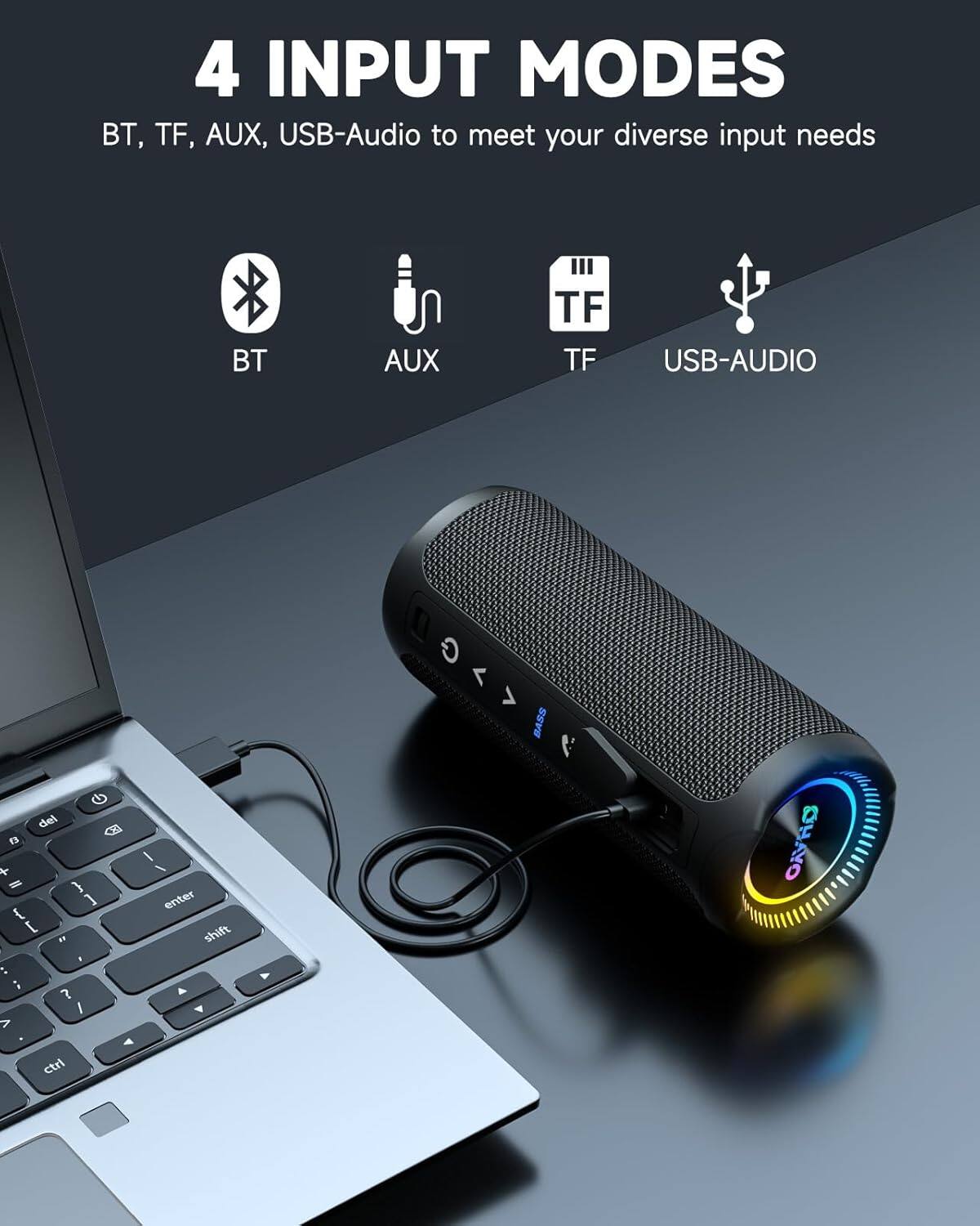 4 INPUT MODES  
BT, TF, AUX, USB-Audio to meet your diverse input needs  

BT  
AUX  
TF  
USB-AUDIO