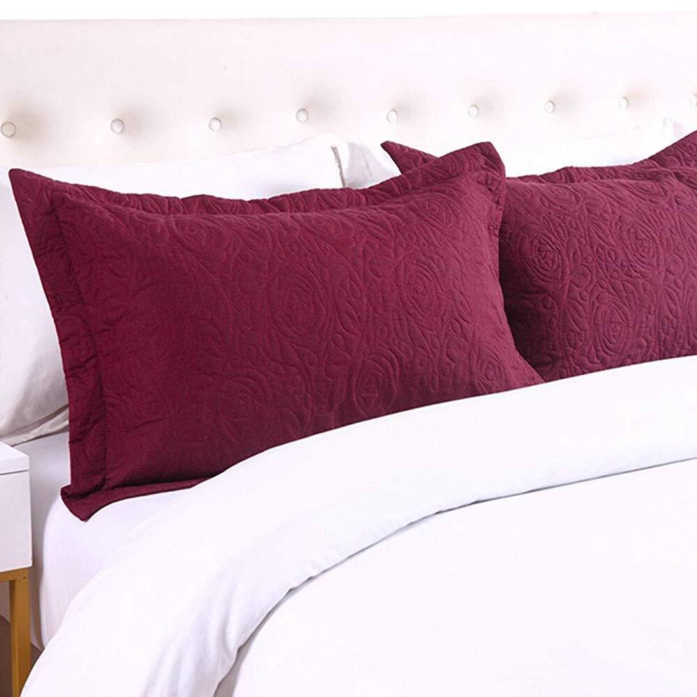 Back. MarCielo - 2-Pack Embroidered Solid Color Pillow Shams Polyester - Burgundy.