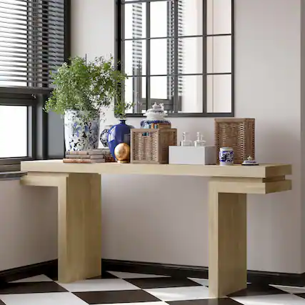 Front. Loheer - Loheer Console Table, 66 Inch Extra Wide Oak Console Table with Real Wood Veneer, Sofa Table - Oak.