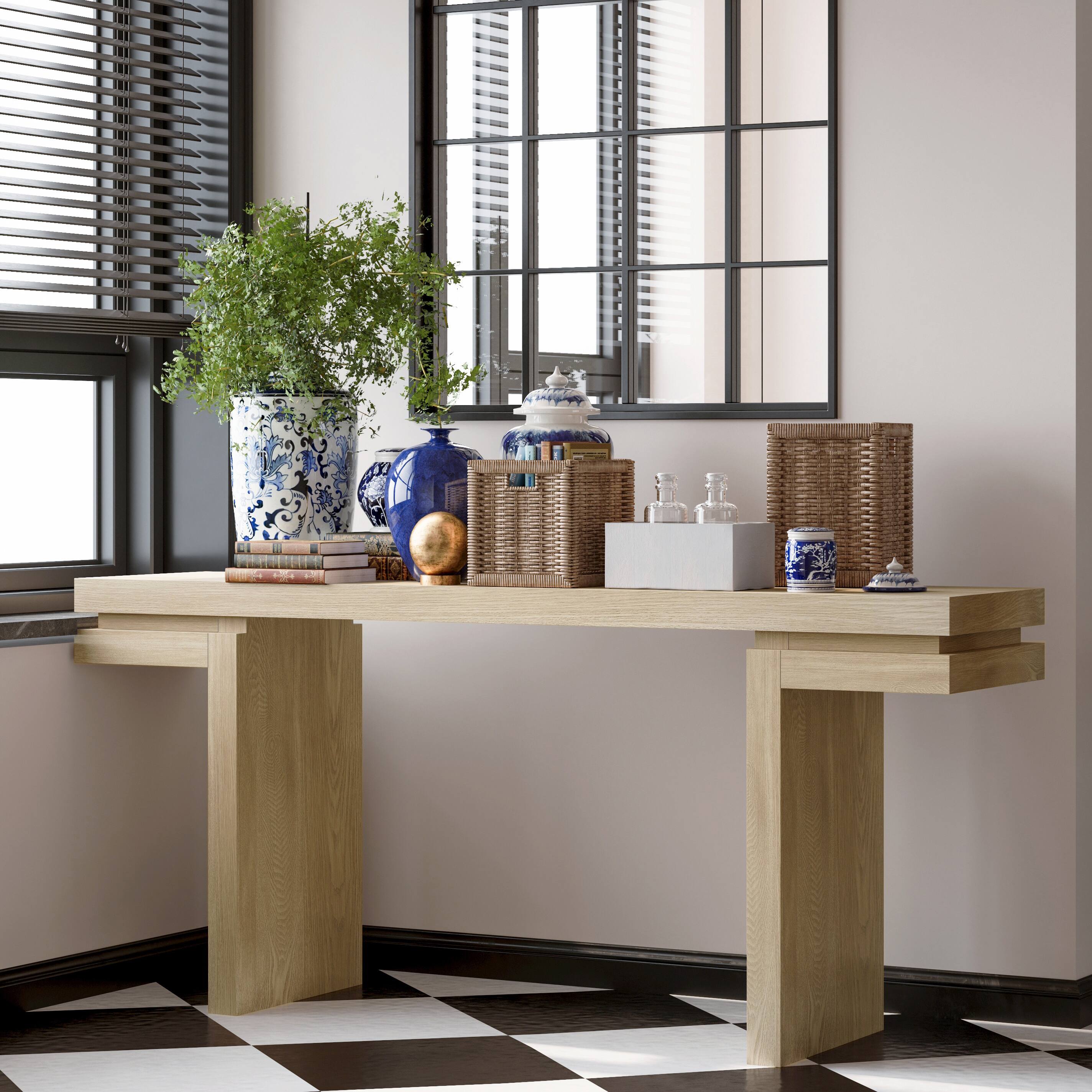 Front. Loheer - Loheer Console Table, 66 Inch Extra Wide Oak Console Table with Real Wood Veneer, Sofa Table - Oak.