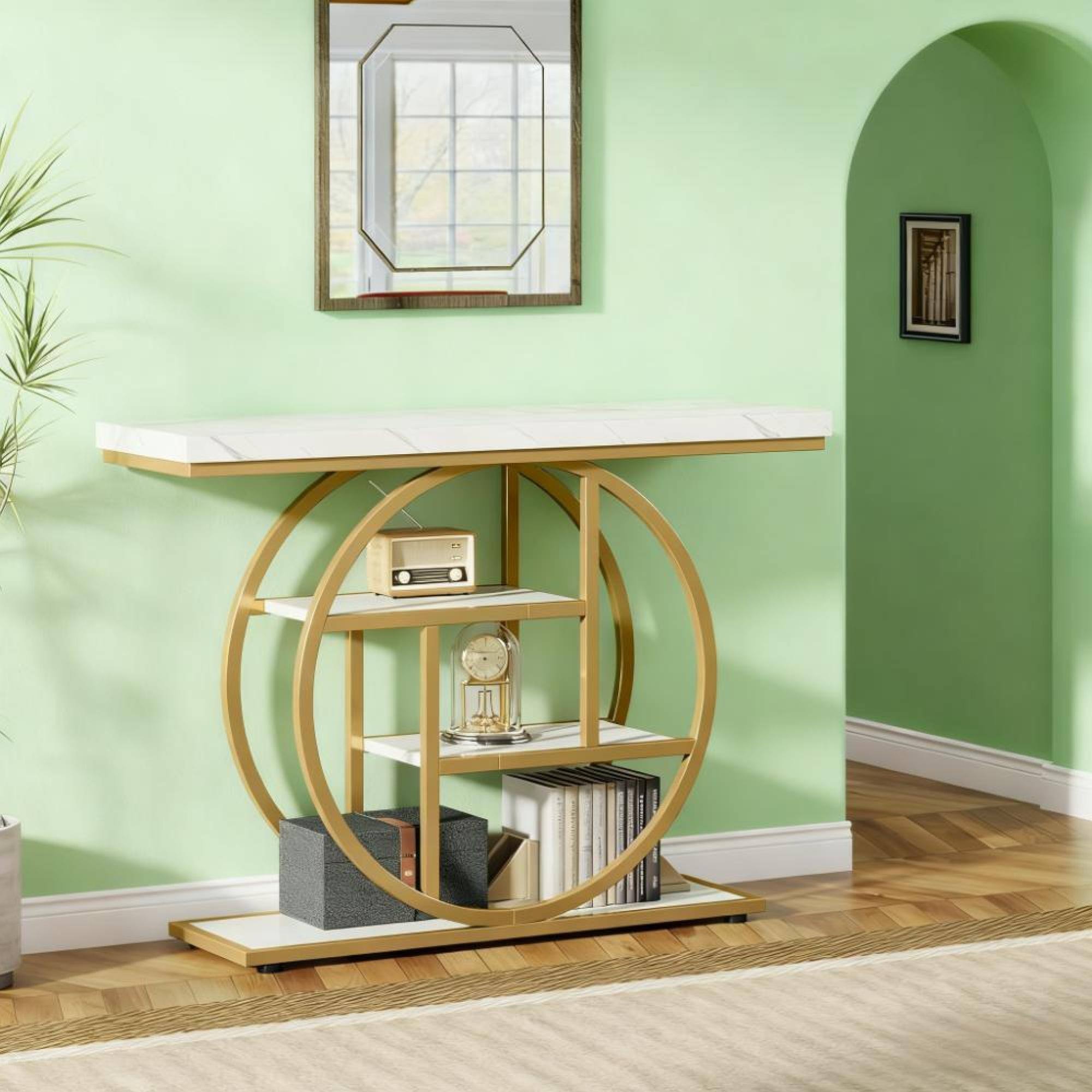 Alt View 1. GOODSILO - Industrial Chic Narrow Console Table with Circle Base and Rustic Brown Finish for Entryway and Living Room - White+Gold.