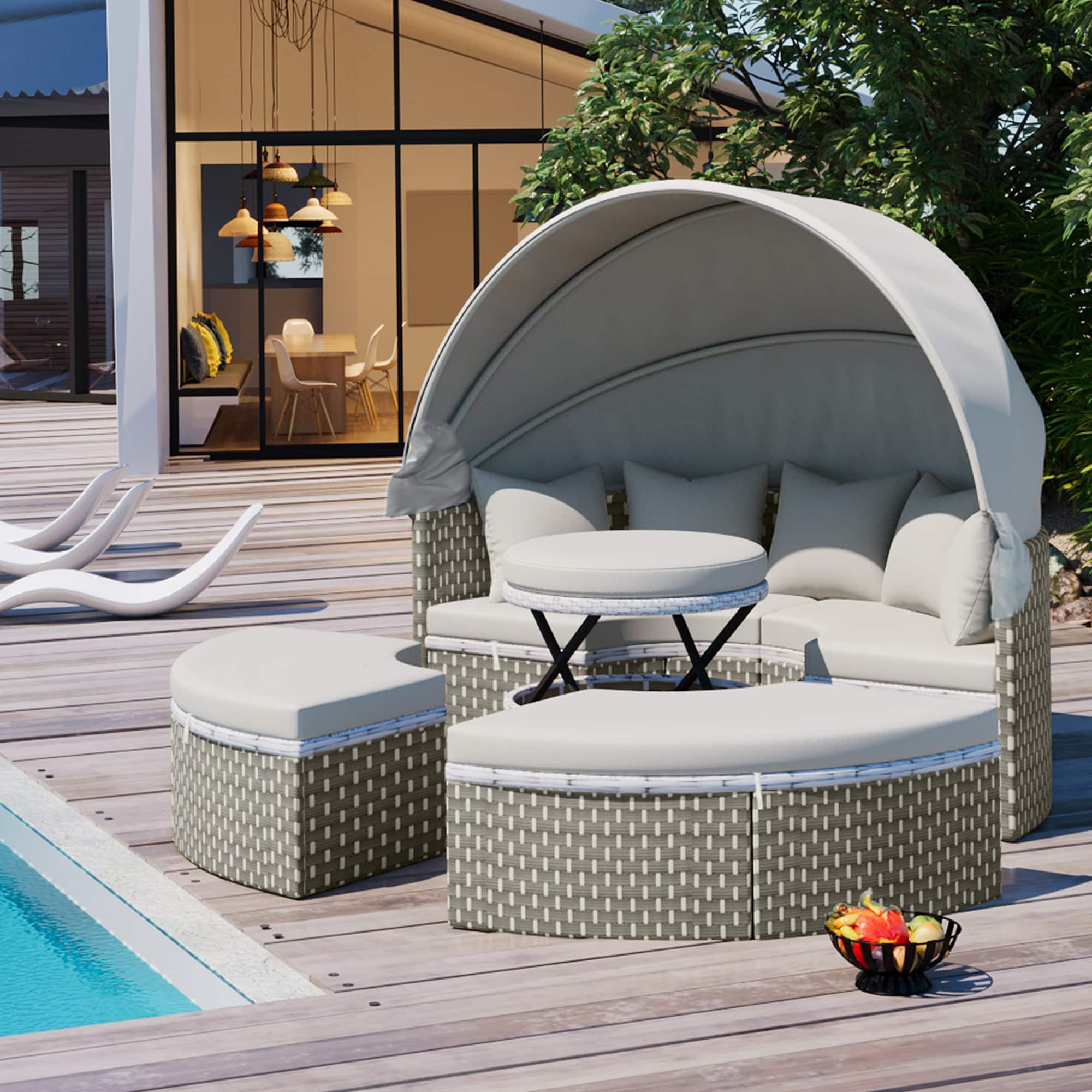 Tiramisubest - Round Patio Sectional Rattan Daybed w/ Retractable Canopy,Two-Tone Weave,Separate Seating and Removable Cushion - Gray