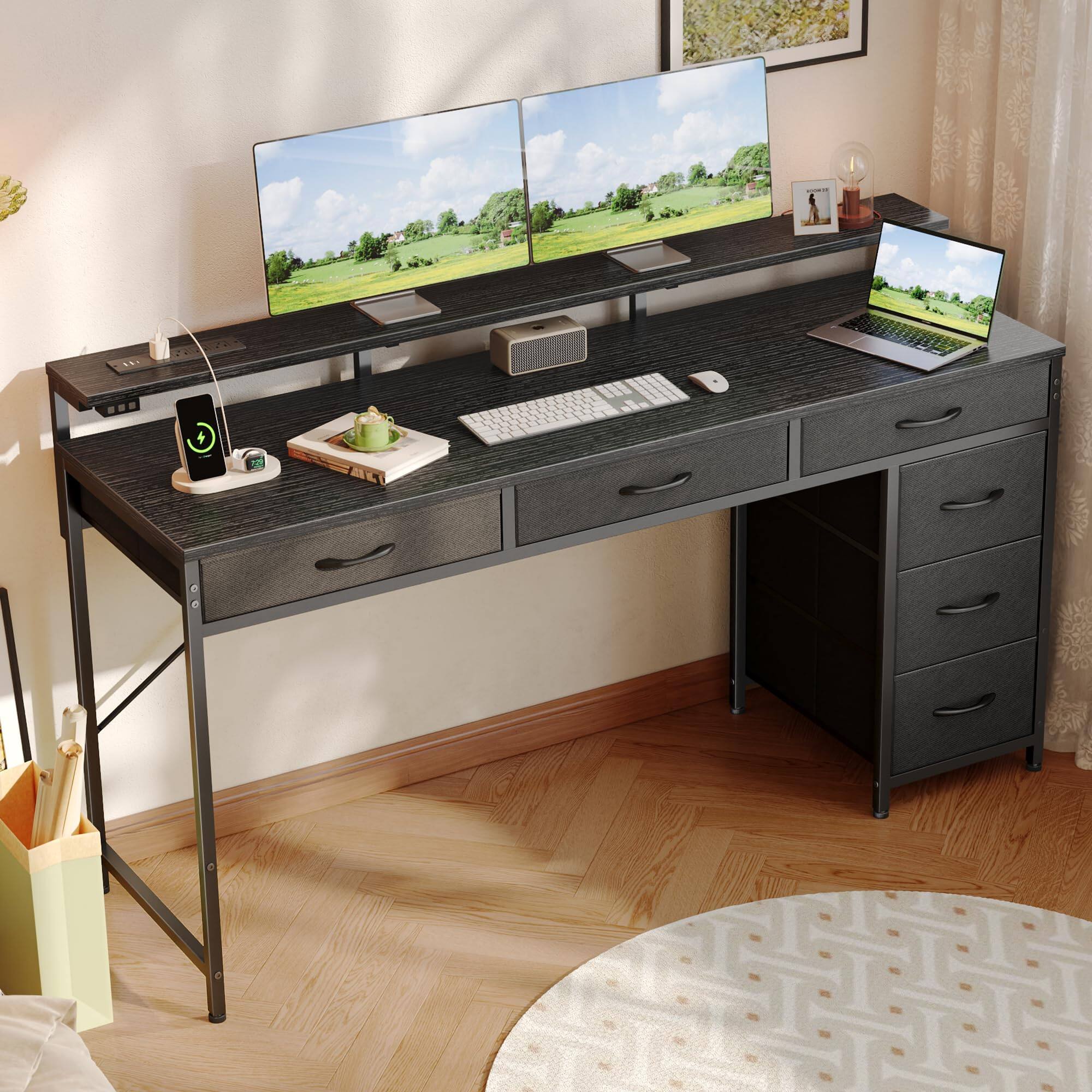 Left. Fabibe - Gaming Desk With 6 Drawers Computer Led Lights Power Outlets And Type-c 55 Inch Office Storage Monitor Stand Office Desk - Black 54 inch.