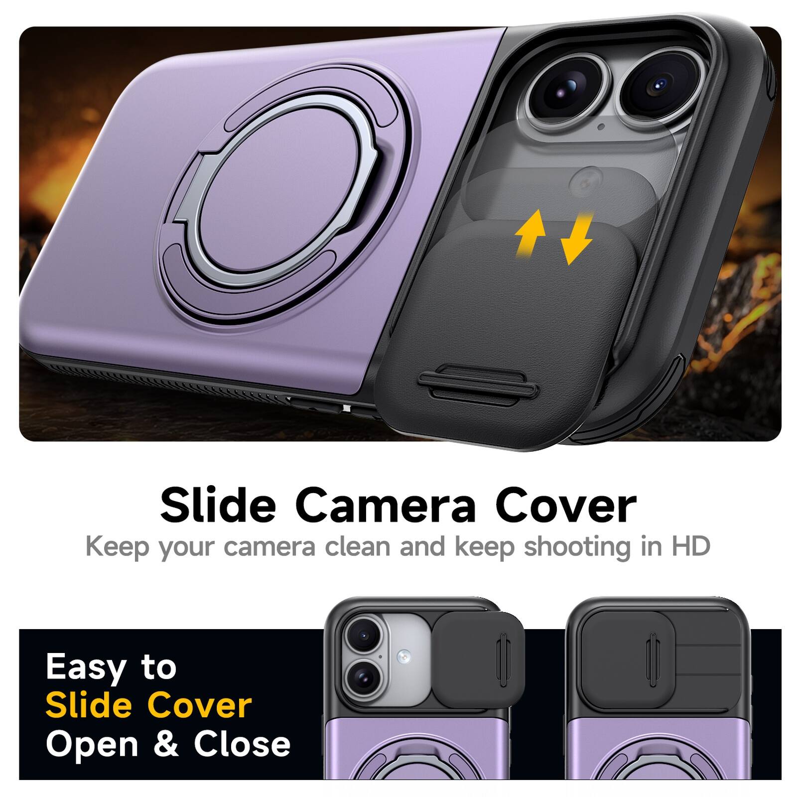 Slide Camera Cover  
Keep your camera clean and keep shooting in HD  
Easy to Slide Cover Open & Close