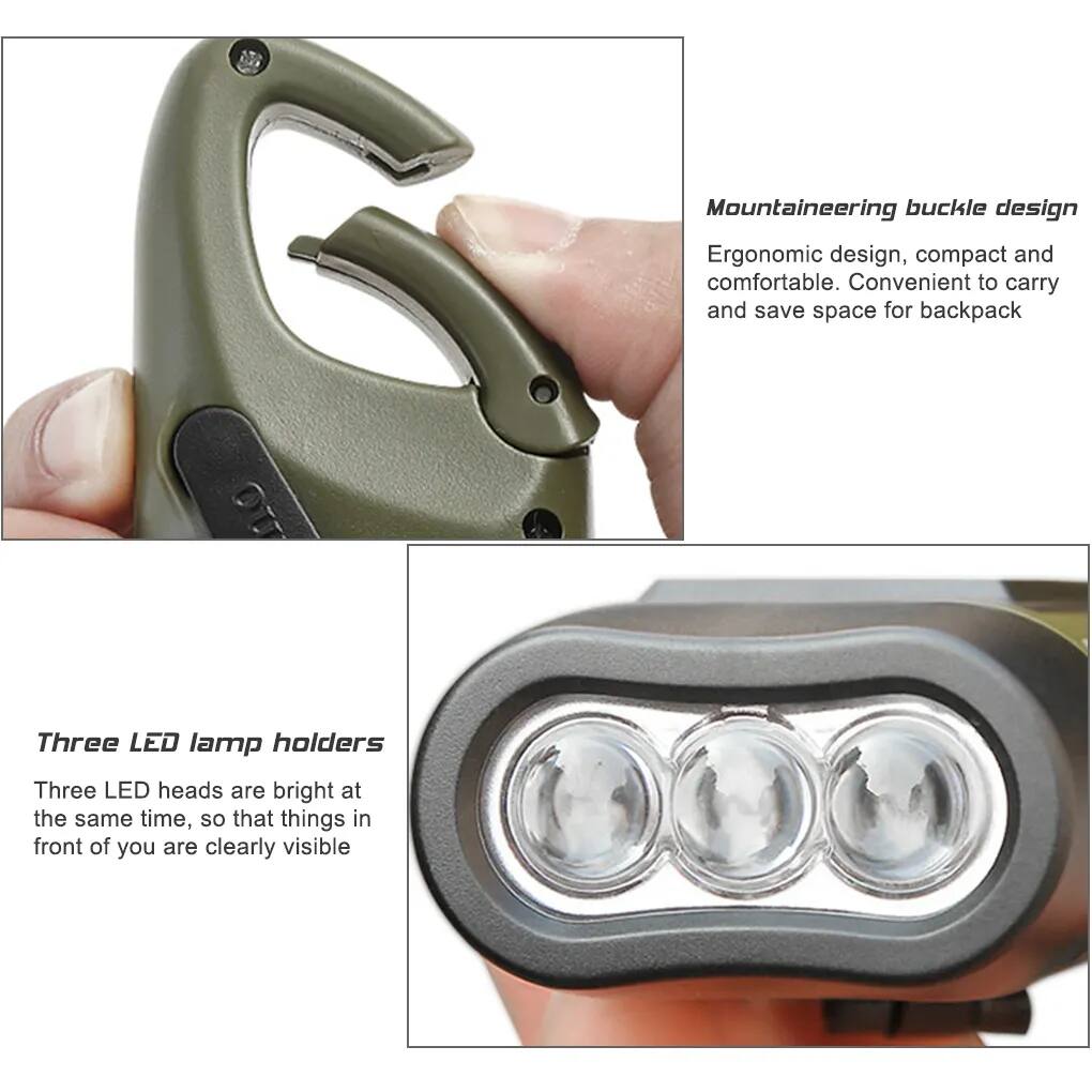 Mountaineering buckle design  
Ergonomic design, compact and comfortable. Convenient to carry and save space for backpack.

Three LED lamp holders  
Three LED heads are bright at the same time, so that things in front of you are clearly visible.