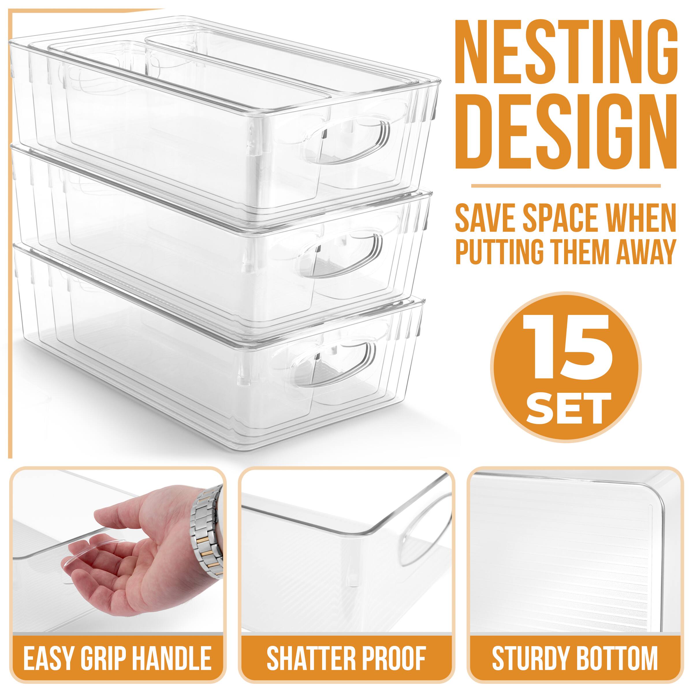 NESTING DESIGN  
SAVE SPACE WHEN PUTTING THEM AWAY  
15 SET  

EASY GRIP HANDLE  
SHATTER PROOF  
STURDY BOTTOM