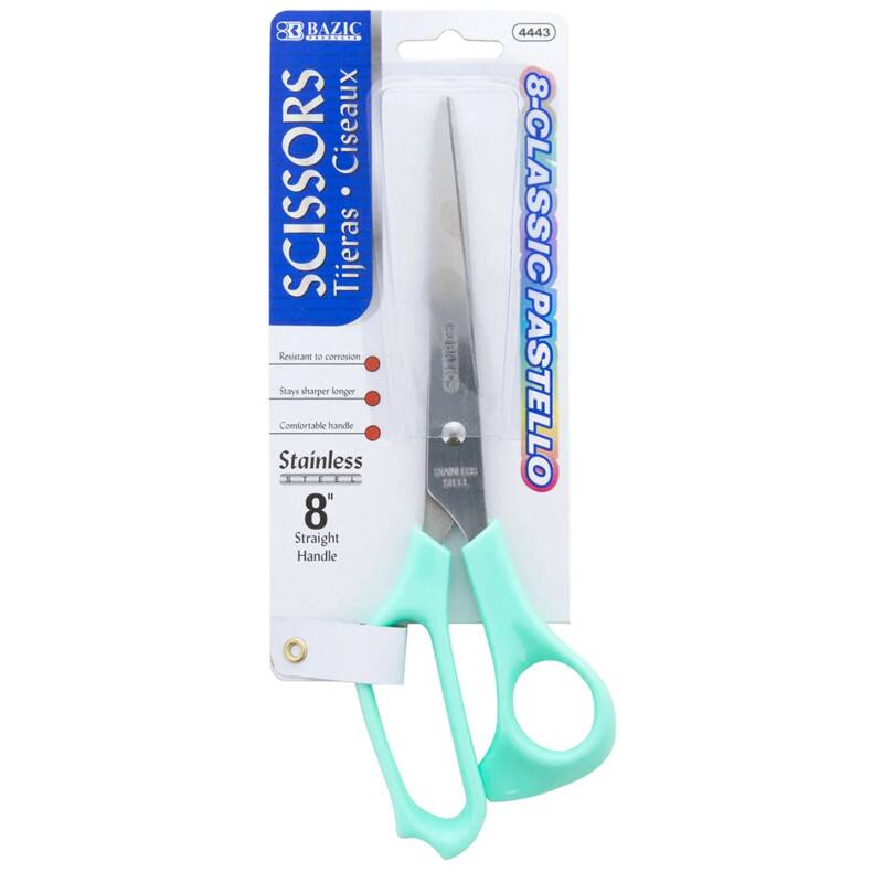 BAZIC SCISSORS  
Ciseaux  
Tijeras  
Stainless  
8" Straight Handle  
Resistant to corrosion  
Stays sharper longer  
Comfortable handle  
8-CLASSIC PASTELLO