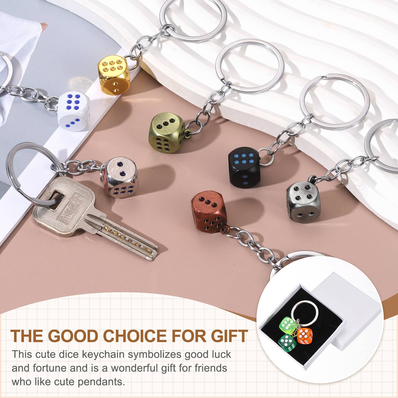 THE GOOD CHOICE FOR GIFT

This cute dice keychain symbolizes good luck and fortune and is a wonderful gift for friends who like cute pendants.
