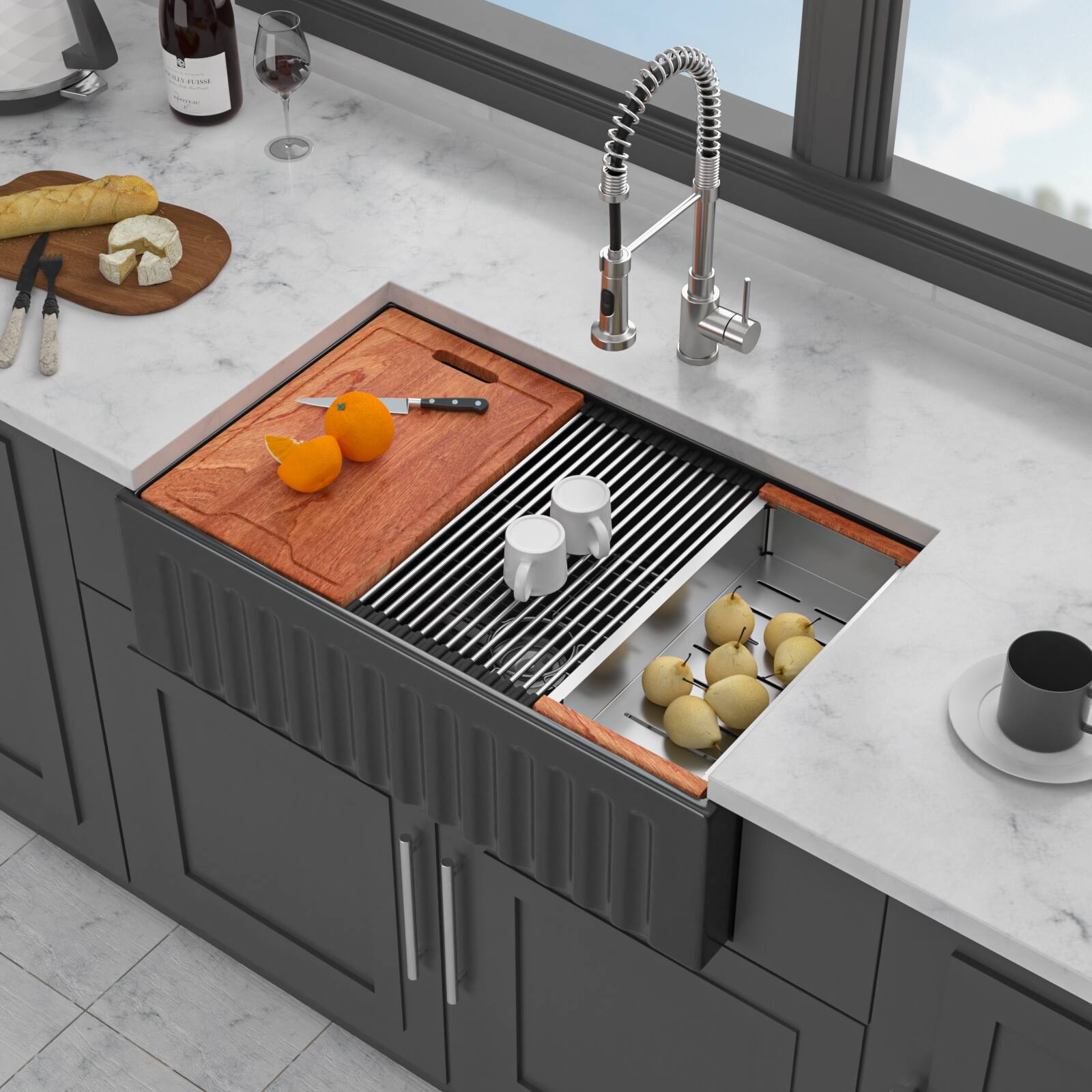 Front. Siljoy - Matte Black Farmhouse Kitchen Sink Workstation - 33 x 20 x 10 inch Porcelain Ceramic Sngle Bowl Reversible Kitchen Sink - Matte Black.