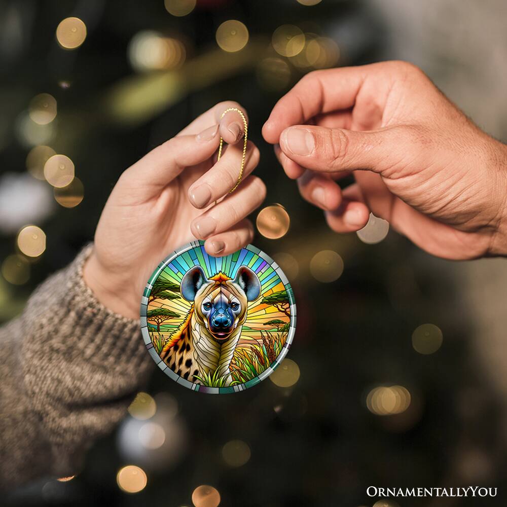 Alt View 1. OrnamentallyYou - Savannah Scavenger Hyena Stained Glass Style Ceramic Ornament Safari Animals Christmas Gift - Multi-colored.