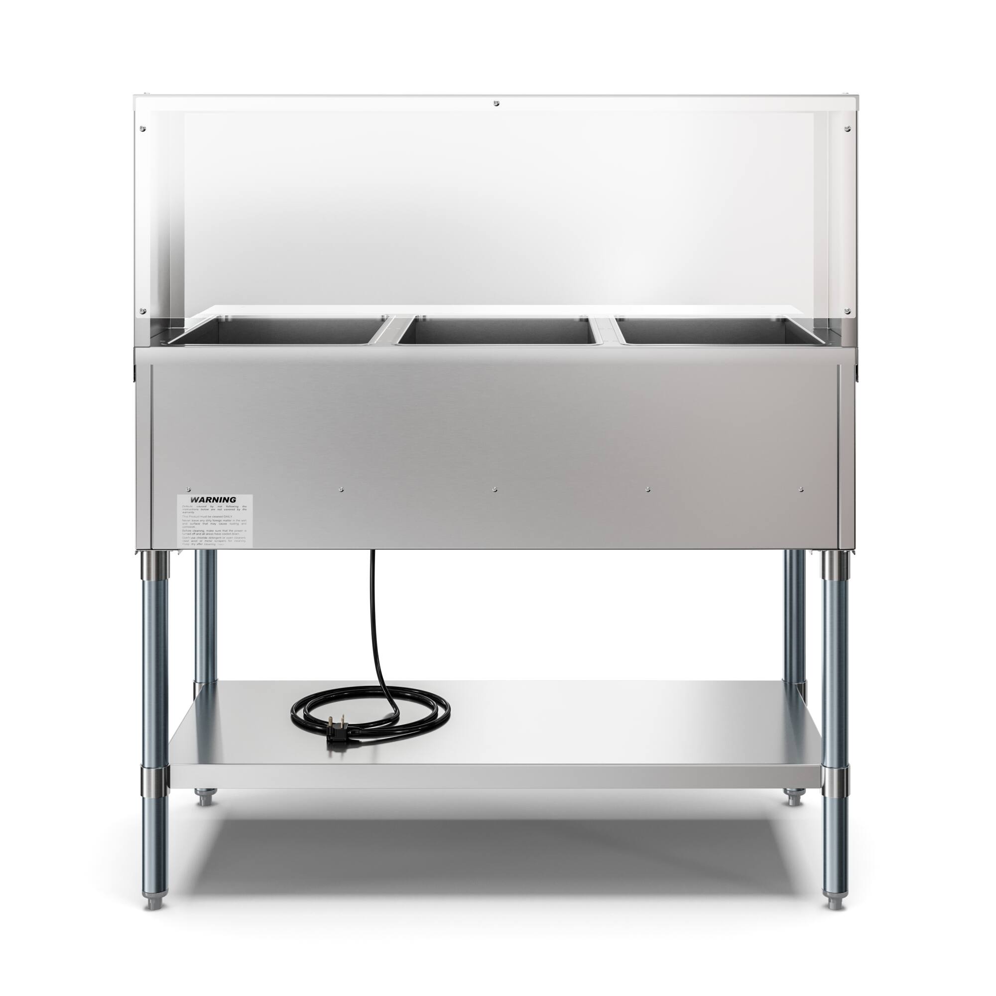 Angle. Koolmore - Three Pan Open Well Electric Steam Table with Undershelf and Sneeze-Guard, KM-OWS-3SG. - Silver.