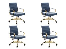 LeisureMod - (Set of 4) Benmar Modern Leather Office Desk Chair with Gold Frame Finish and Swivel Home Office - Navy Blue