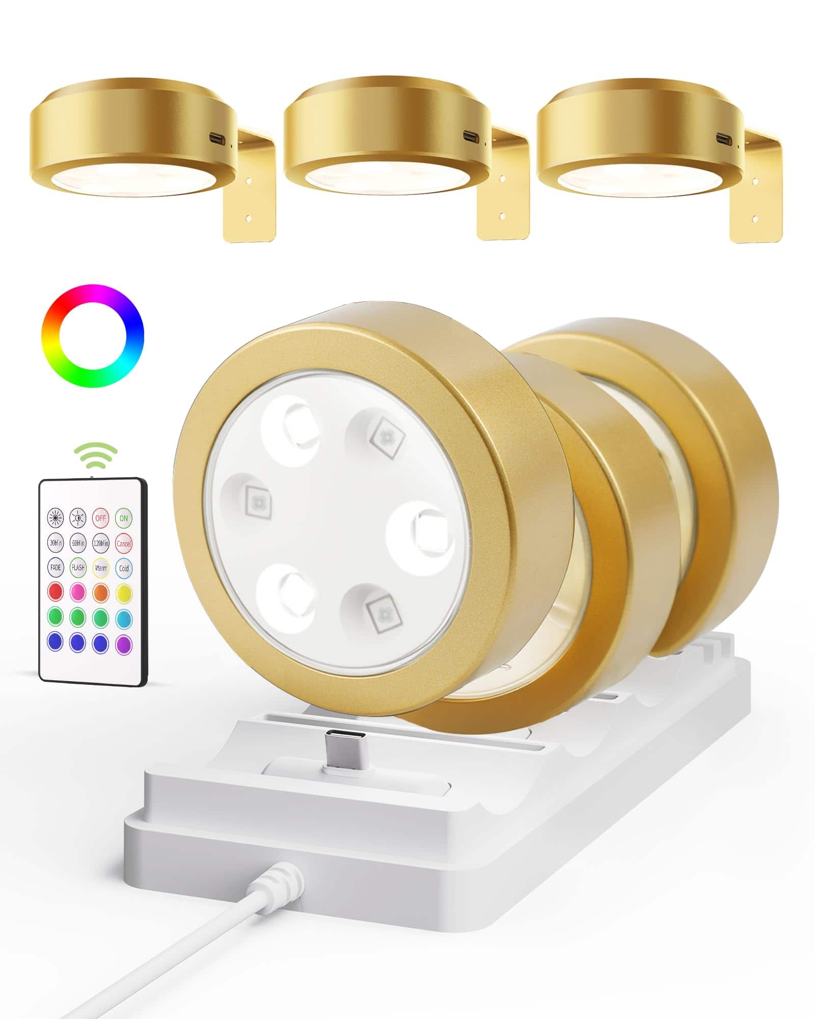 EZVALO - LED Picture Light Wireless with Remote-RGB-6 Pack--Charging Base - Gold