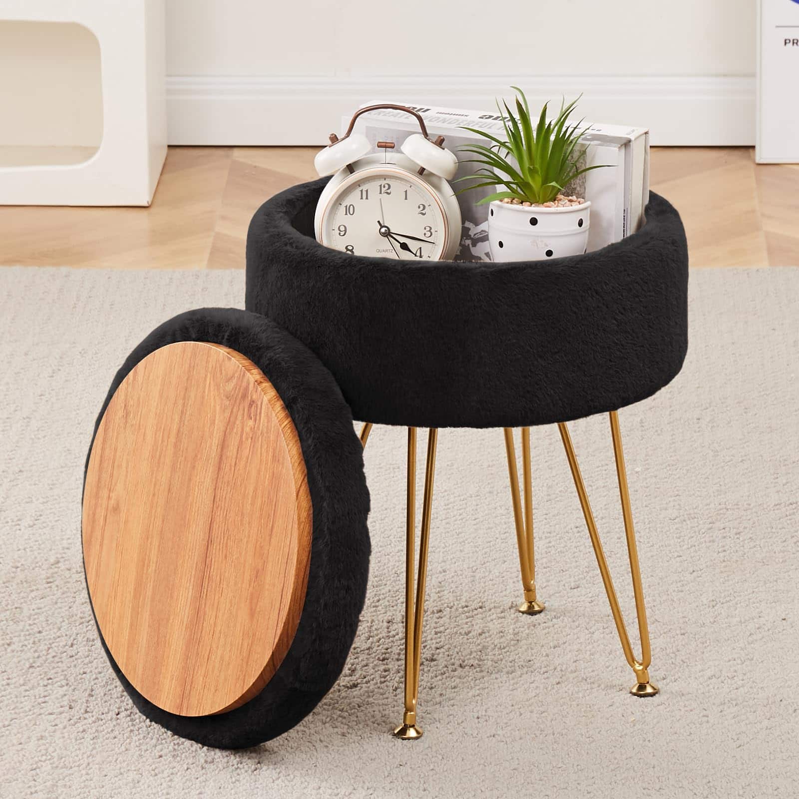 JETRANSPORT - Footrest Footstools Round Faux Ottoman Storage Space Soft Vanity Chair Seat Coffee Table Small Side Metal - Black