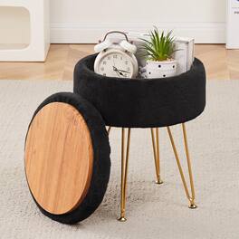 JETRANSPORT - Footrest Footstools Round Faux Ottoman Storage Space Soft Vanity Chair Seat Coffee Table Small Side Metal - Black