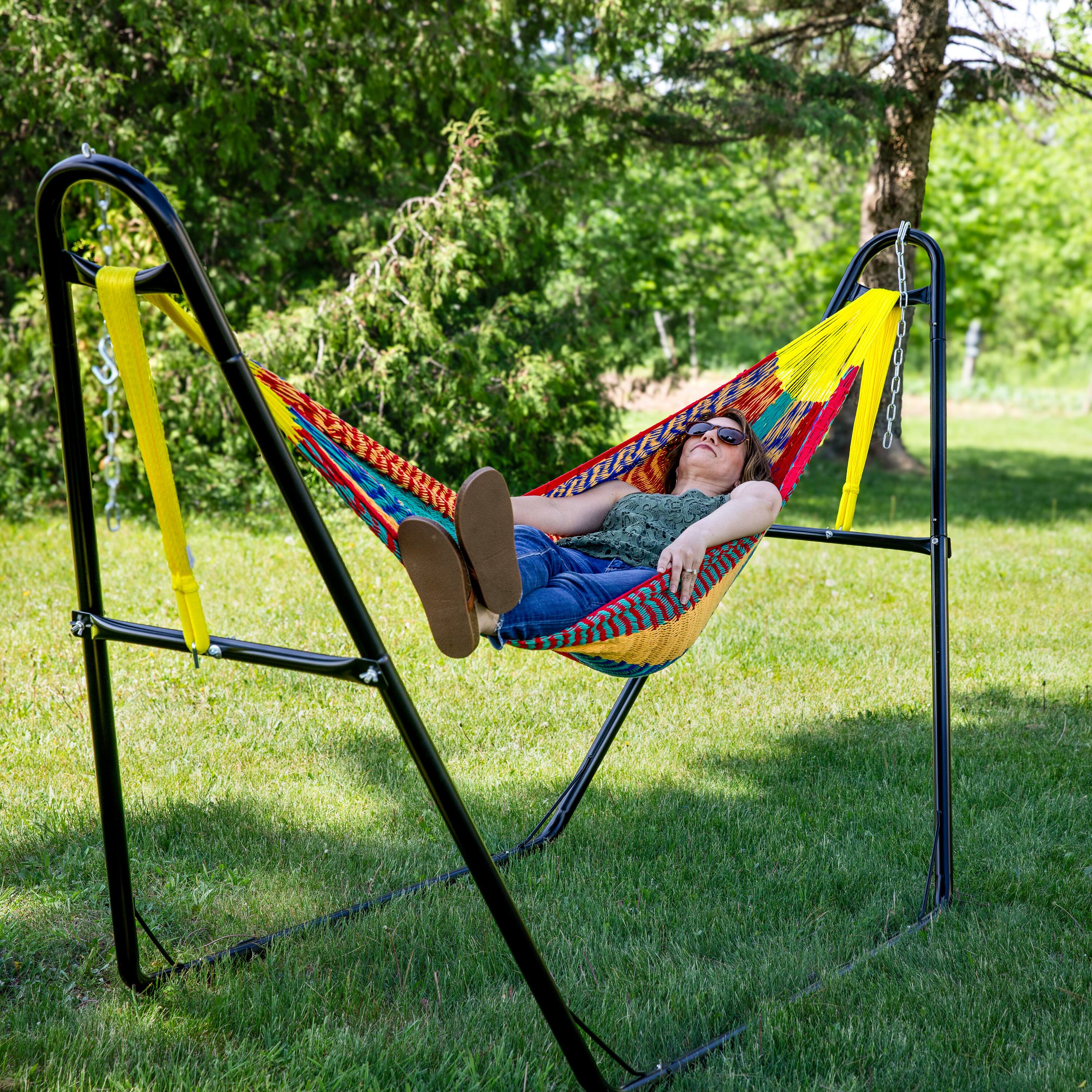 Alt View 8. Sunnydaze - 2-Person Cotton and Nylon Woven Fabric Hammock - Multi-Color.