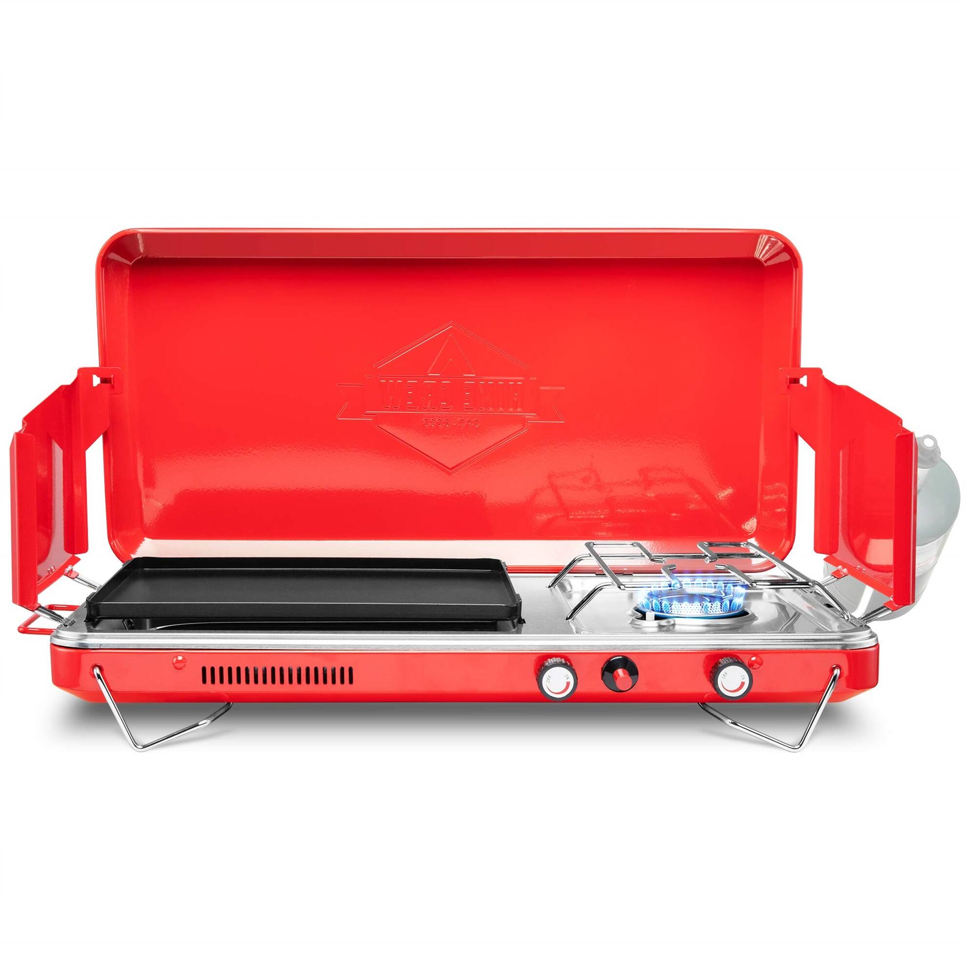 Hike Crew - 2-in-1 Gas Camping Stove, Camping Grill & Stove with Igniter & Stainless Drip Tray - Red