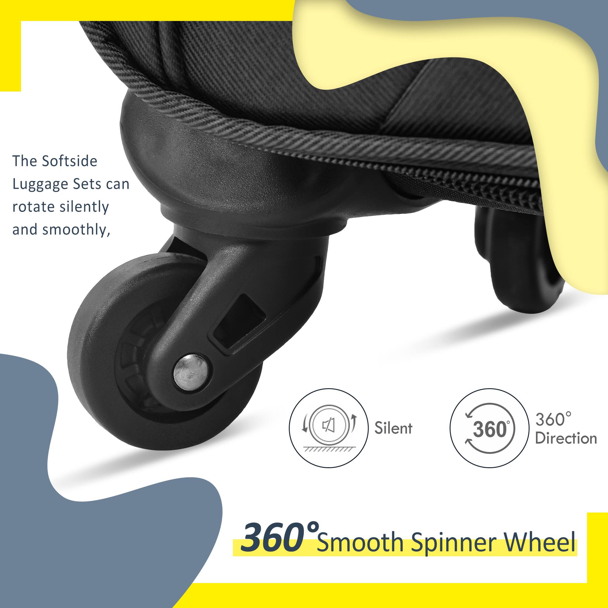 The Softside Luggage Sets can rotate silently and smoothly.

Silent

360° Direction

360° Smooth Spinner Wheel