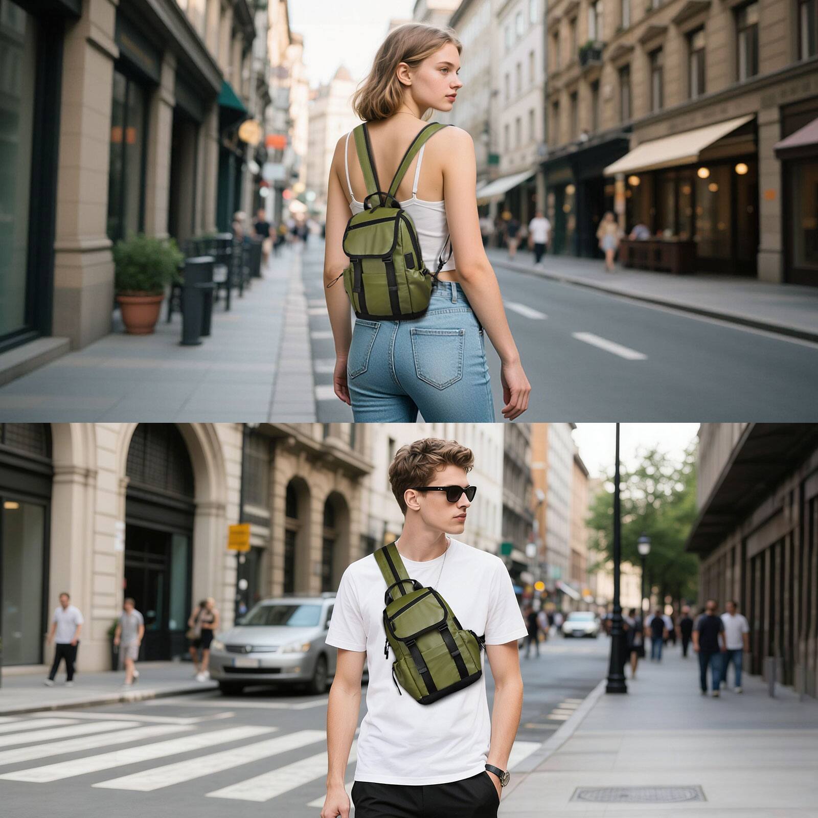Alt View 1. Unique Bargains - Small Backpack Convertible Crossbody Bags with USB Charge Port Lightweight Casual Sling Shoulder for Outdoor Travel - Dark Green.