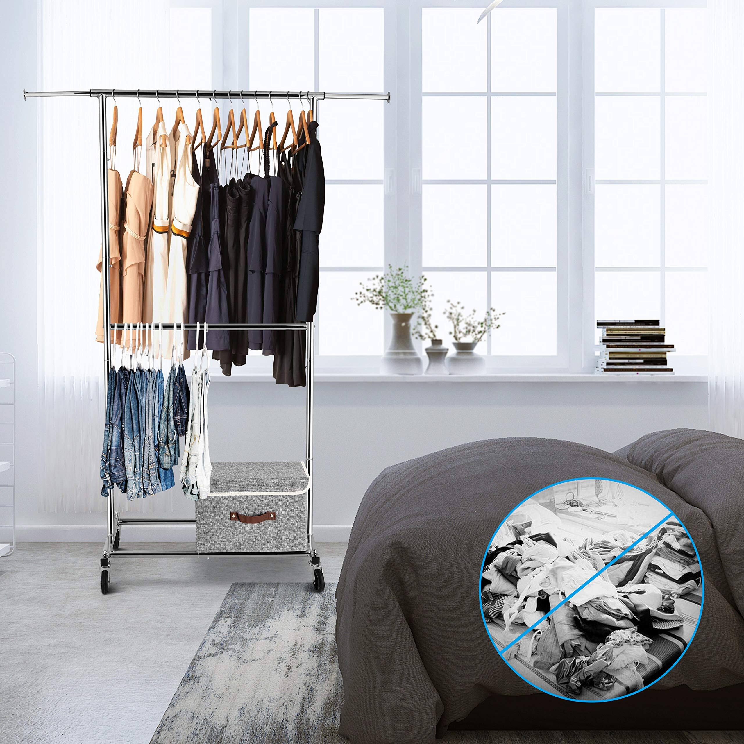 Alt View 5. Refined Abode Design - Double Rod Clothing Garment Rack Rolling Clothes Organizer On Wheels For Hanging Chrome - 24.8"D x 61"W x 63.75"H.