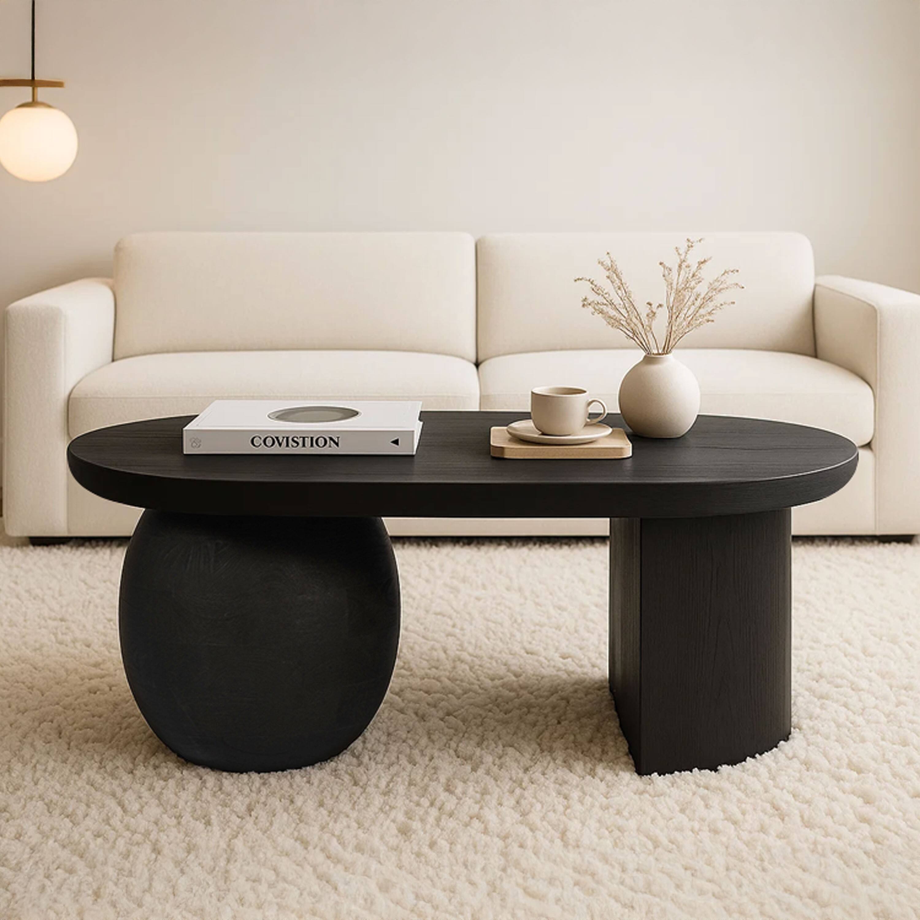 Alt View 7. Manhattan Lane - Uri 38 Inch Oval Coffee Table, Mango Wood Full and Half Spherical Leg - Sanblasted Black.