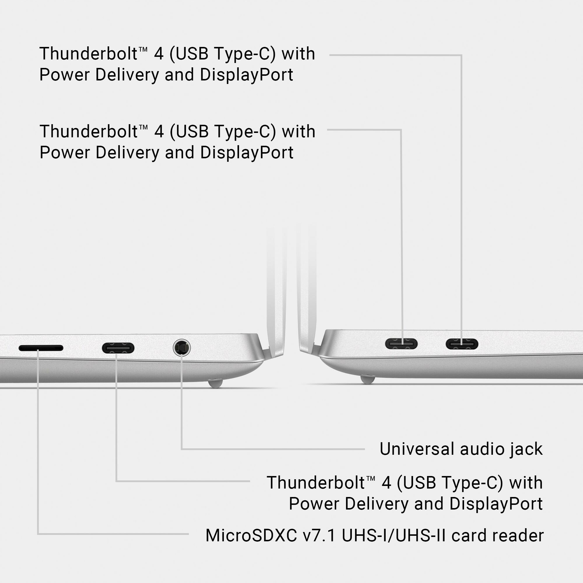 Thunderbolt™ 4 (USB Type-C) with Power Delivery and DisplayPort
Thunderbolt™ 4 (USB Type-C) with Power Delivery and DisplayPort
Universal audio jack
Thunderbolt™ 4 (USB Type-C) with Power Delivery and DisplayPort
MicroSDXC v7.1 UHS-I/UHS-II card reader
