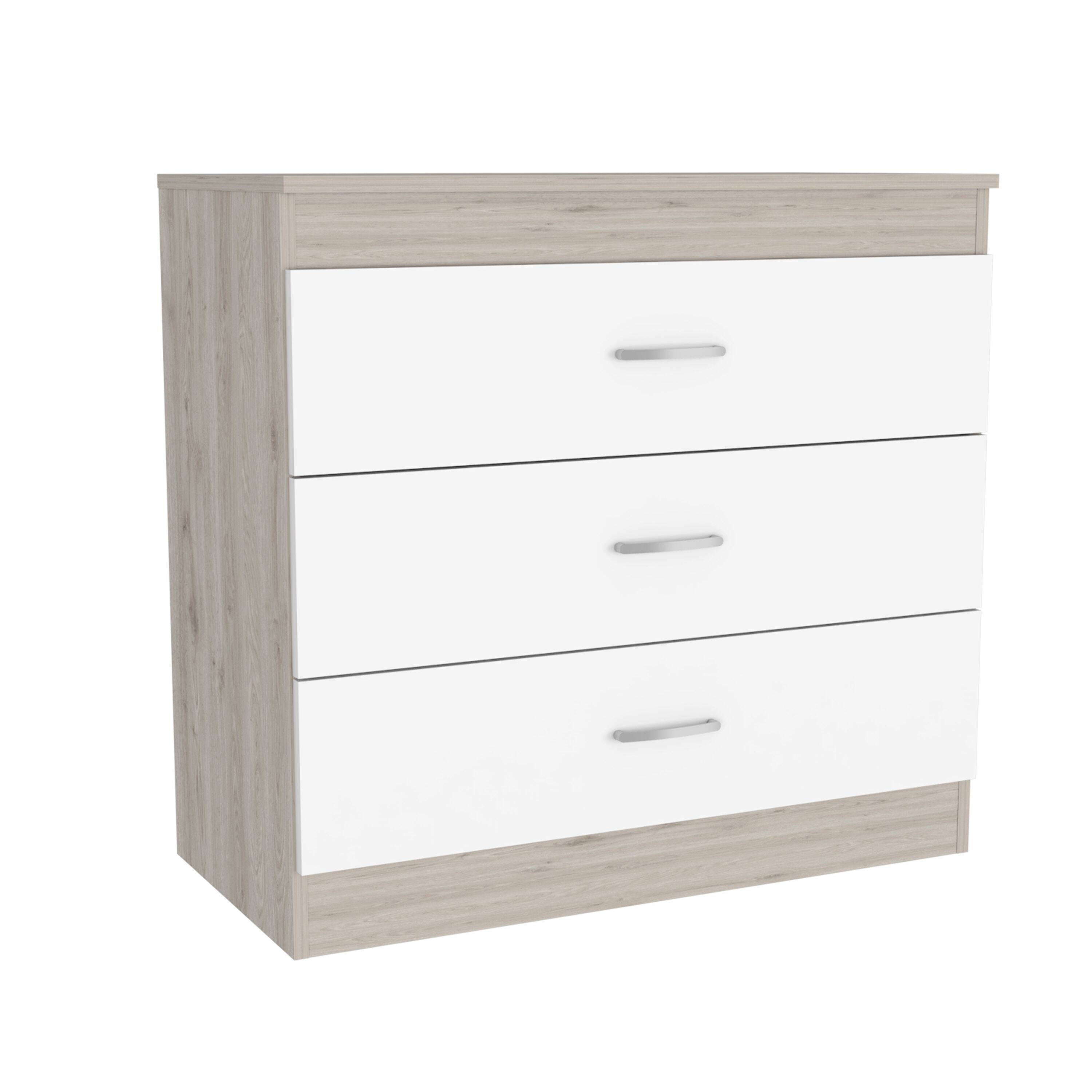 Alt View 1. TuHome - Melia Three Drawer Dresser, Superior Top, Metal Hardware - Light Gray / White.