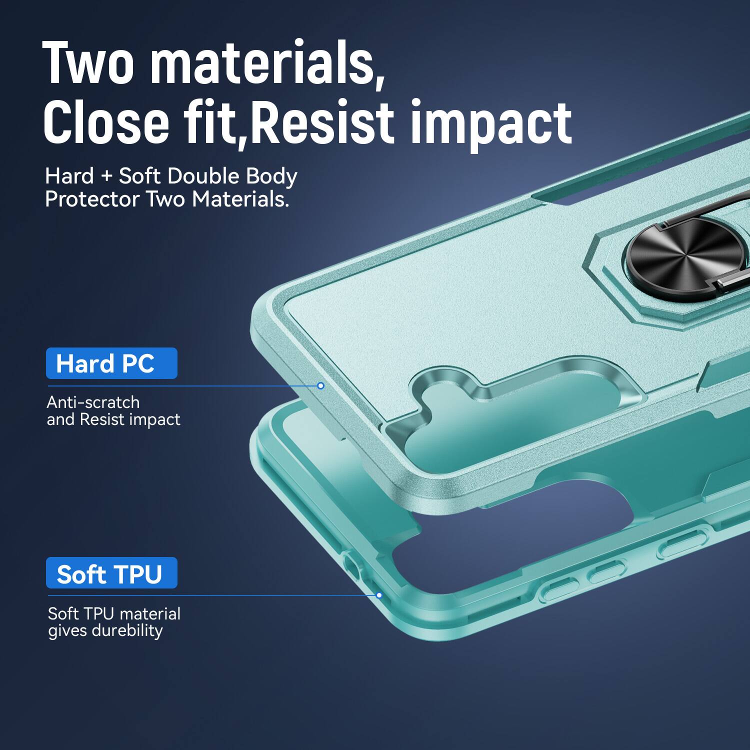 Two materials, Close fit, Resist impact  
Hard + Soft Double Body Protector Two Materials.  
Hard PC  
Anti-scratch and Resist impact  
Soft TPU  
Soft TPU material gives durability