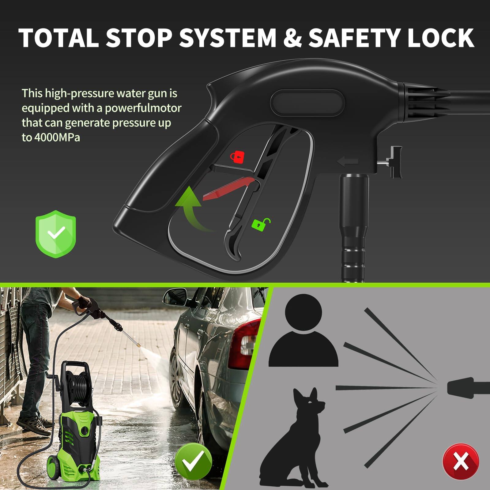 TOTAL STOP SYSTEM & SAFETY LOCK
This high-pressure water gun is equipped with a powerful motor that can generate pressure up to 4000MPa