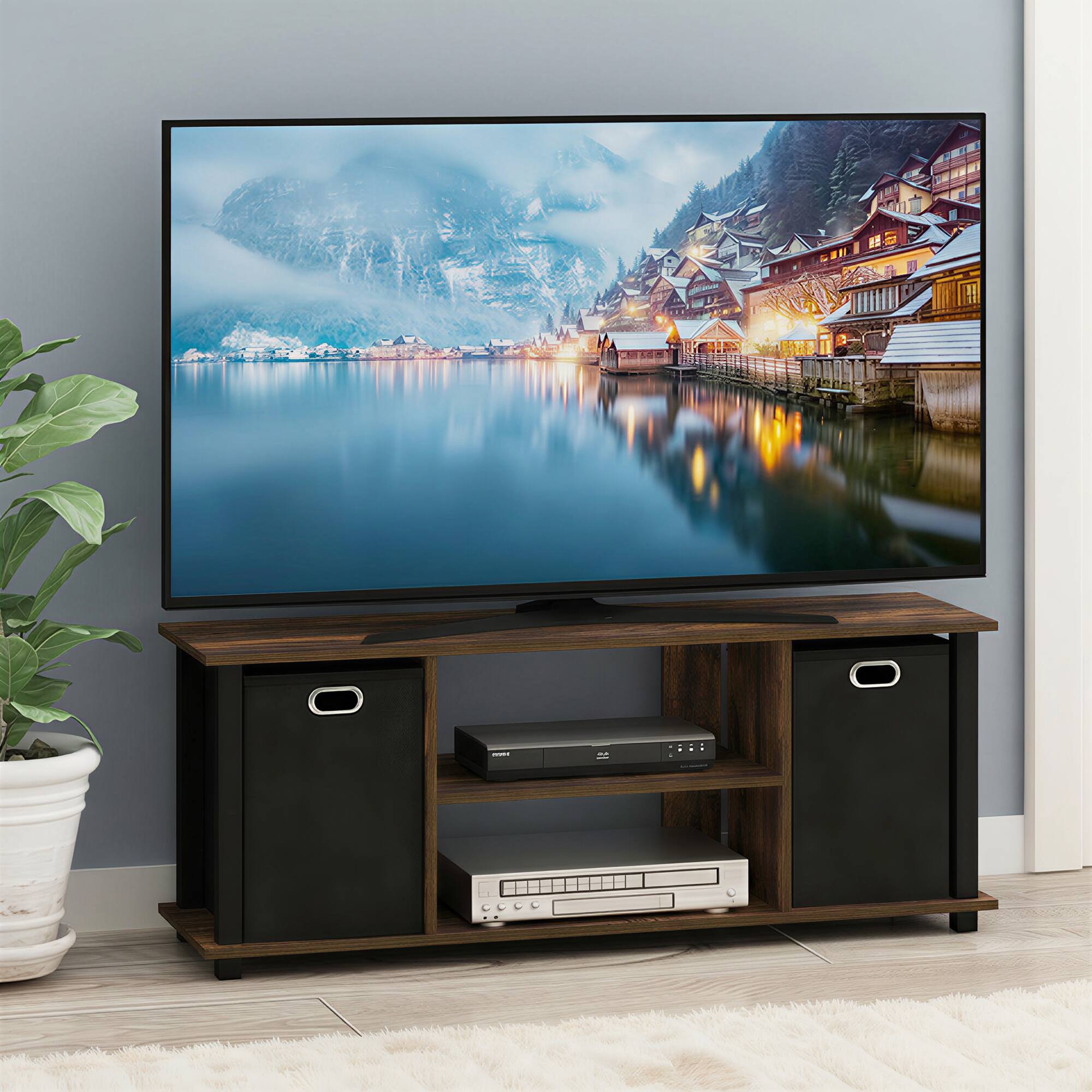 Alt View 1. Furinno - ECON TV Stand, 3-Tier Rectangular Entertainment Center with Open Back and Storage Bins, TV Console for TV up to 46 Inch - Amber Pine/Black.