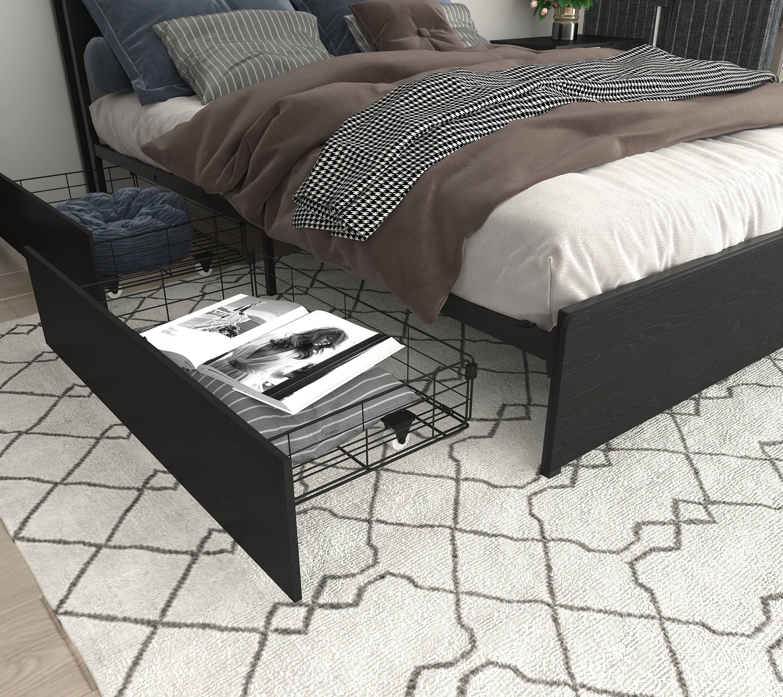 Alt View 1. LUCKY ONE - Full Size Bed Frame with 4 Storage Drawers, Storage Headboard with Charging Station - Black.