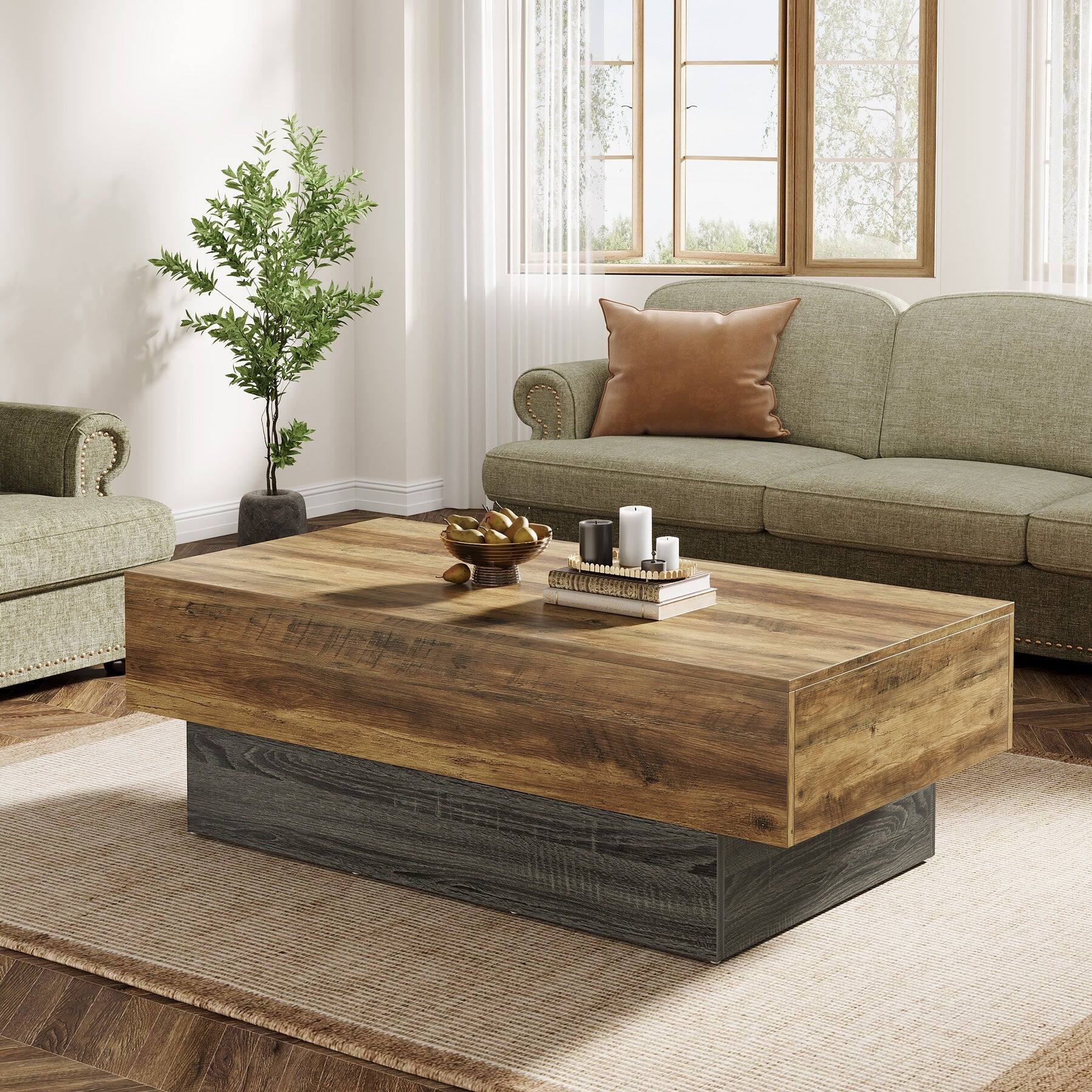 Alt View 1. Tribesigns - Farmhouse Coffee Table with Engineered Wood Construction and Rectangular Top for Living Room - Brown.