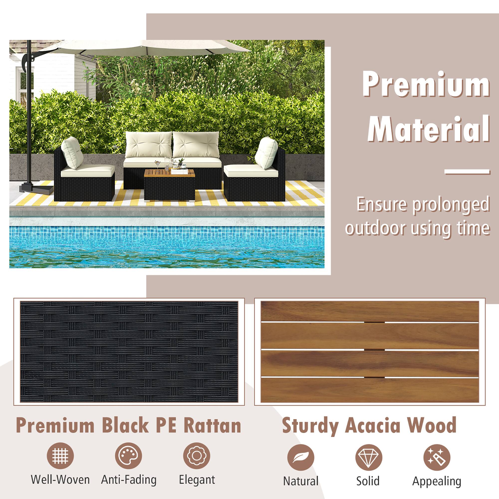 Premium Material  
Ensure prolonged outdoor using time  

Premium Black PE Rattan  
- Well-Woven  
- Anti-Fading  
- Elegant  

Sturdy Acacia Wood  
- Natural  
- Solid  
- Appealing