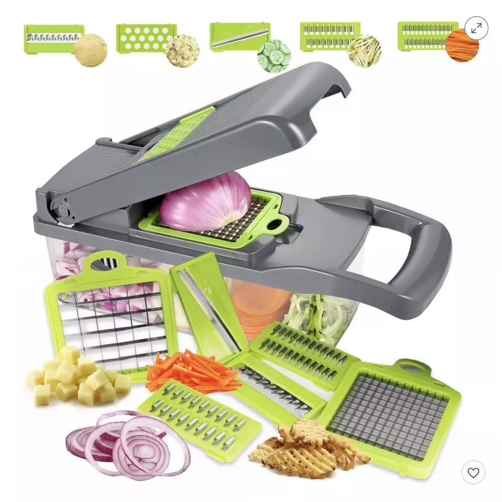 Angle. Luminuxe - All-In-One Vegetable Chopper & Meal Prep Container with 7 Blades and Strainer Basket.