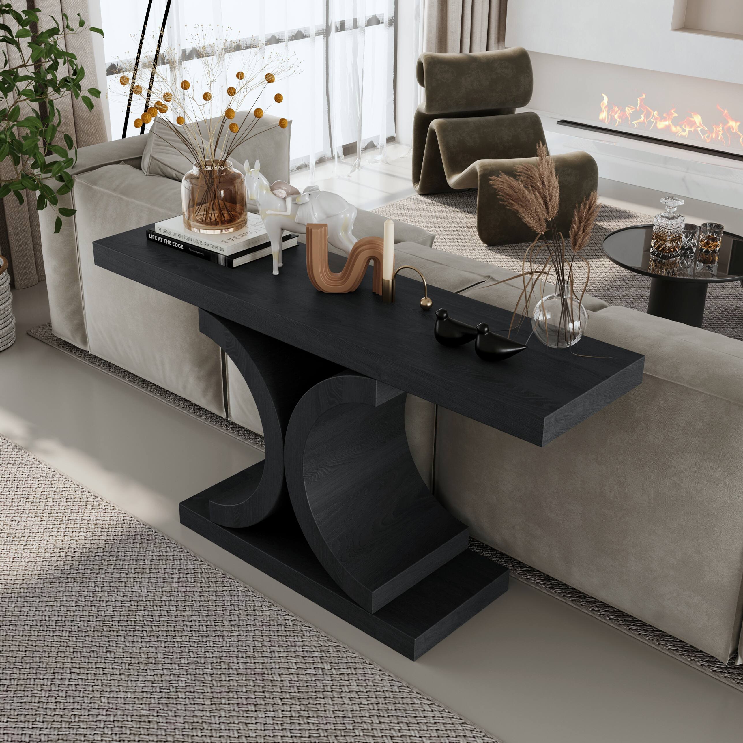 Angle. Loheer - Loheer Black Console Table, 60 Inch Modern Narrow Sofa Table with Sculptural Curved Base, Black Oak Entryway Table - Black.