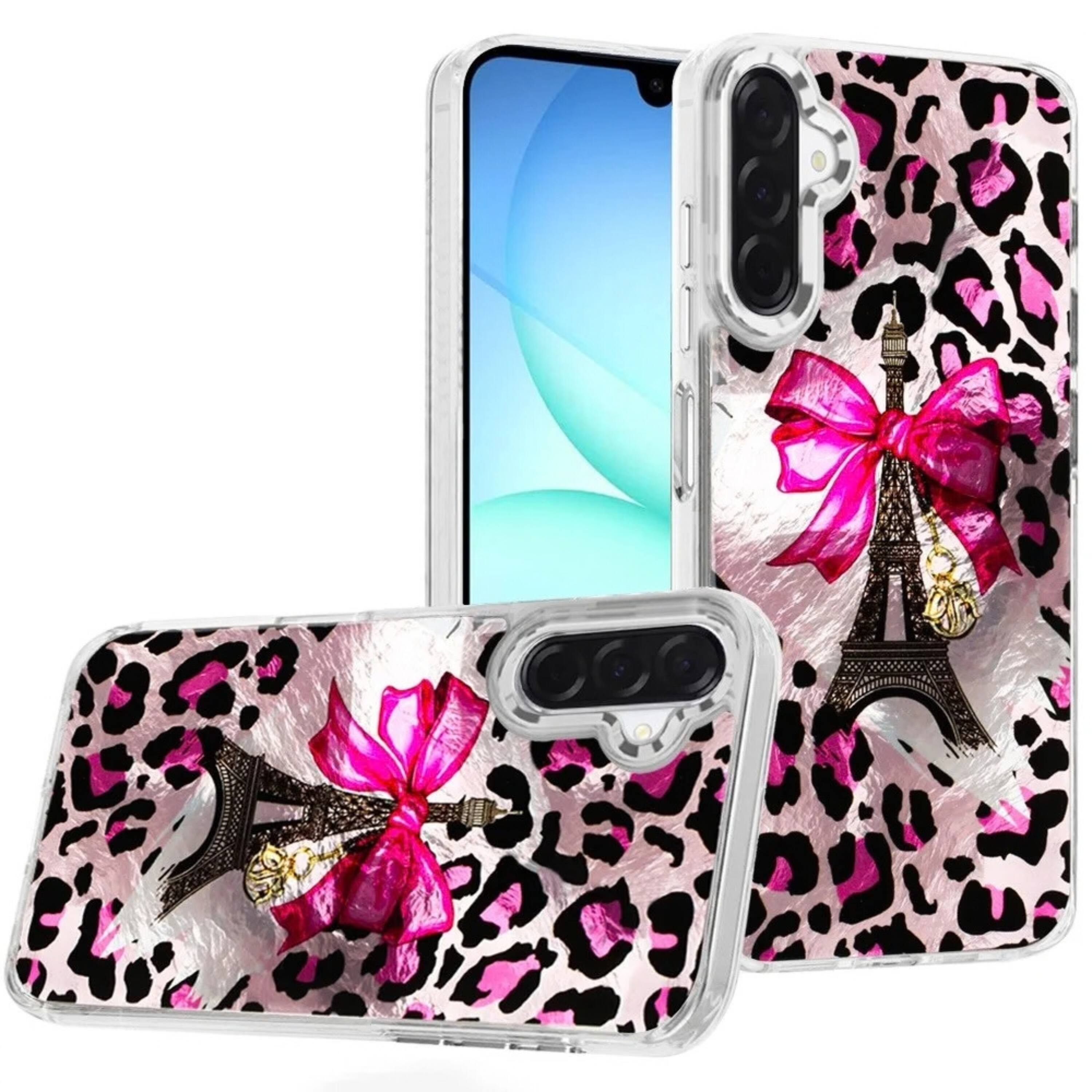 Front. Kitcheniva - Cute In Mold Design Phone Case With Metallic Buttons And Tempered Glass For Samsung A17 5G Pink Ribbon - Pink.