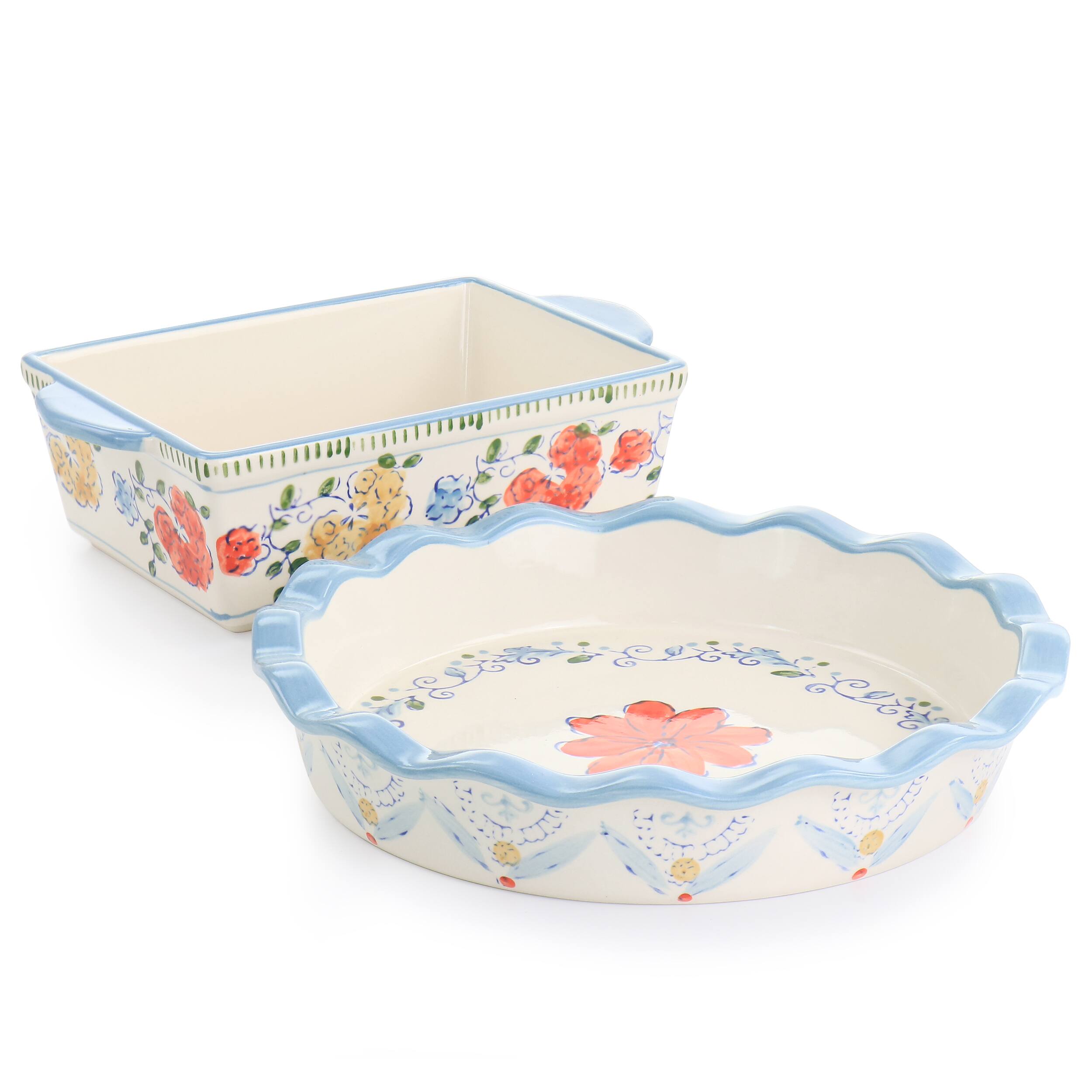 Alt View 1. Gibson - Gibson Elite Anaya 2 Piece Stoneware Bakeware Set with Hand Painted Designs - White and Blue.