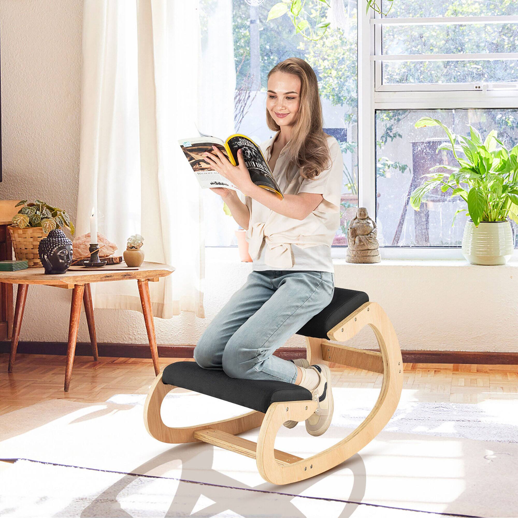 Alt View 3. Gymax - Gymax Ergonomic Kneeling Chair Wood Rocking Posture Stool w/ Cushion Back Neck Black - Black.