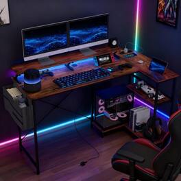 GOODSILO - Reversible L-Shaped Corner Computer Desk with Integrated Monitor Stand, Power Station, and RGB LED Lighting - Rustic Brown