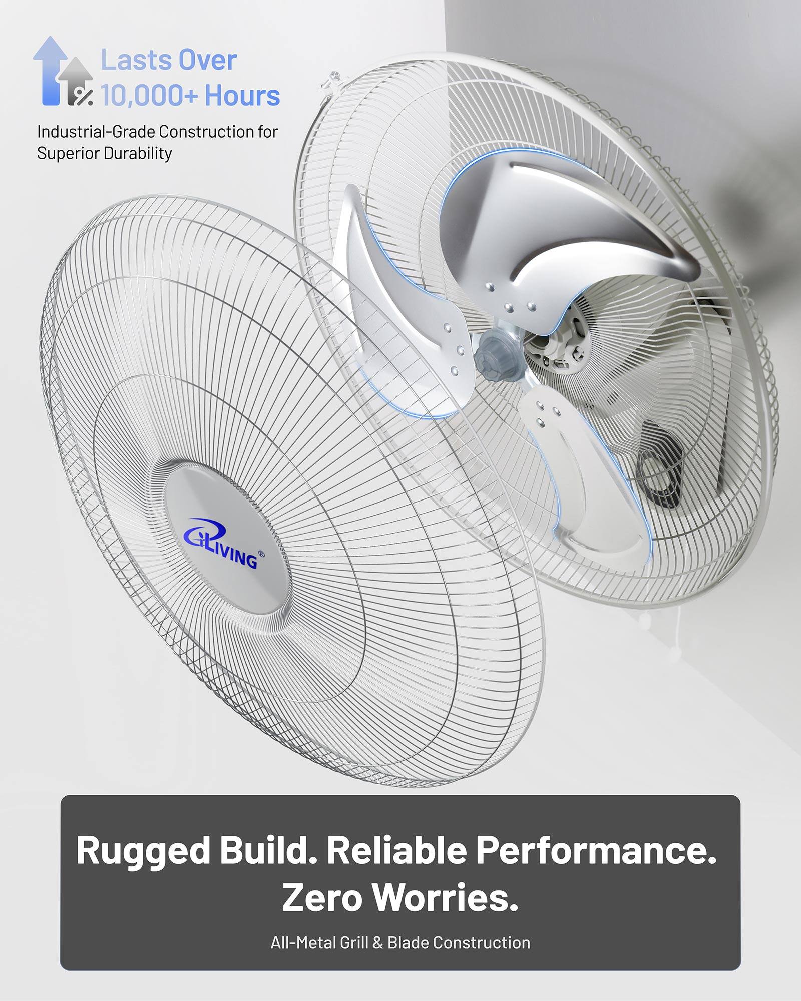 Lasts Over 10,000+ Hours  
Industrial-Grade Construction for Superior Durability  
GLIVING Rugged Build. Reliable Performance. Zero Worries.  
All-Metal Grill & Blade Construction