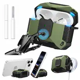 Dteck - for AirPods Pro 2 Case with Phone Stand, Fits MagSafe, Magnetic Lock Shockproof Rugged Cover with Cleaner Kit - Green