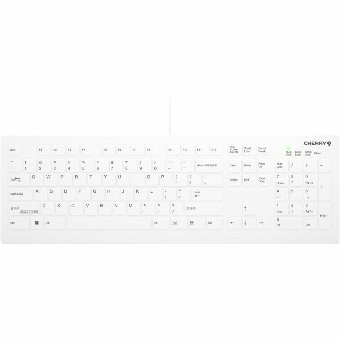 Sure, here is the corrected and grouped text from the image:

---

**Top Row:**
- Esc
- F1 F2 F3 F4 F5 F6 F7 F8 F9 F10 F11 F12
- Print Screen SysRq
- Scroll Lock
- Pause Break

**Number Row:**
- 1 ! @ 2 # 3 $ 4 % 5 ^ 6 & 7 * 8 ( 9 ) 0 - _ + = Backspace
- Insert Home Page Up Num Lock
- Delete End Page Down

**Main Keyboard:**
- Tab
- Q W E R T Y U I O P [ ] \ \
- Caps Lock
- A S D F G H J K L ; ' Enter
- Shift
- Z X C V B N M , . / Shift
- Ctrl Fn Alt Spacebar Alt

**Right Section:**
- Num Lock
- Caps Lock
- Scroll Lock
- Clean
- 7 8 9
- 4 5 6
- 1 2 3
- 0 . Enter
- Insert

**Additional Labels:**
- CHERRY

---

This text corresponds to the